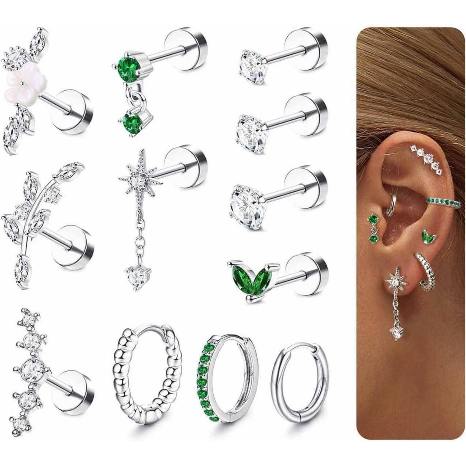 LuxusKollektion Piercing-Set Ohrringe Helix Tragus Conch Chirurgenstahl 12Pcs CZ Silber grüncz