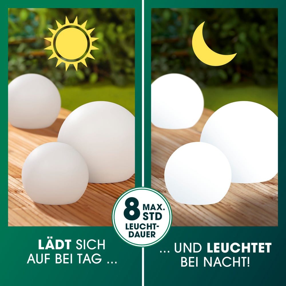 EASYmaxx LED Solarleuchte LED Solarleuchte mit Fernbedienung - 3 kaltweiße Leuchten Solarbetrieb, 20/25/30 cm, mit Farbwechsel - dimmbare Helligkeitsstufen, 12 Farben, 5 Leuchtmodi