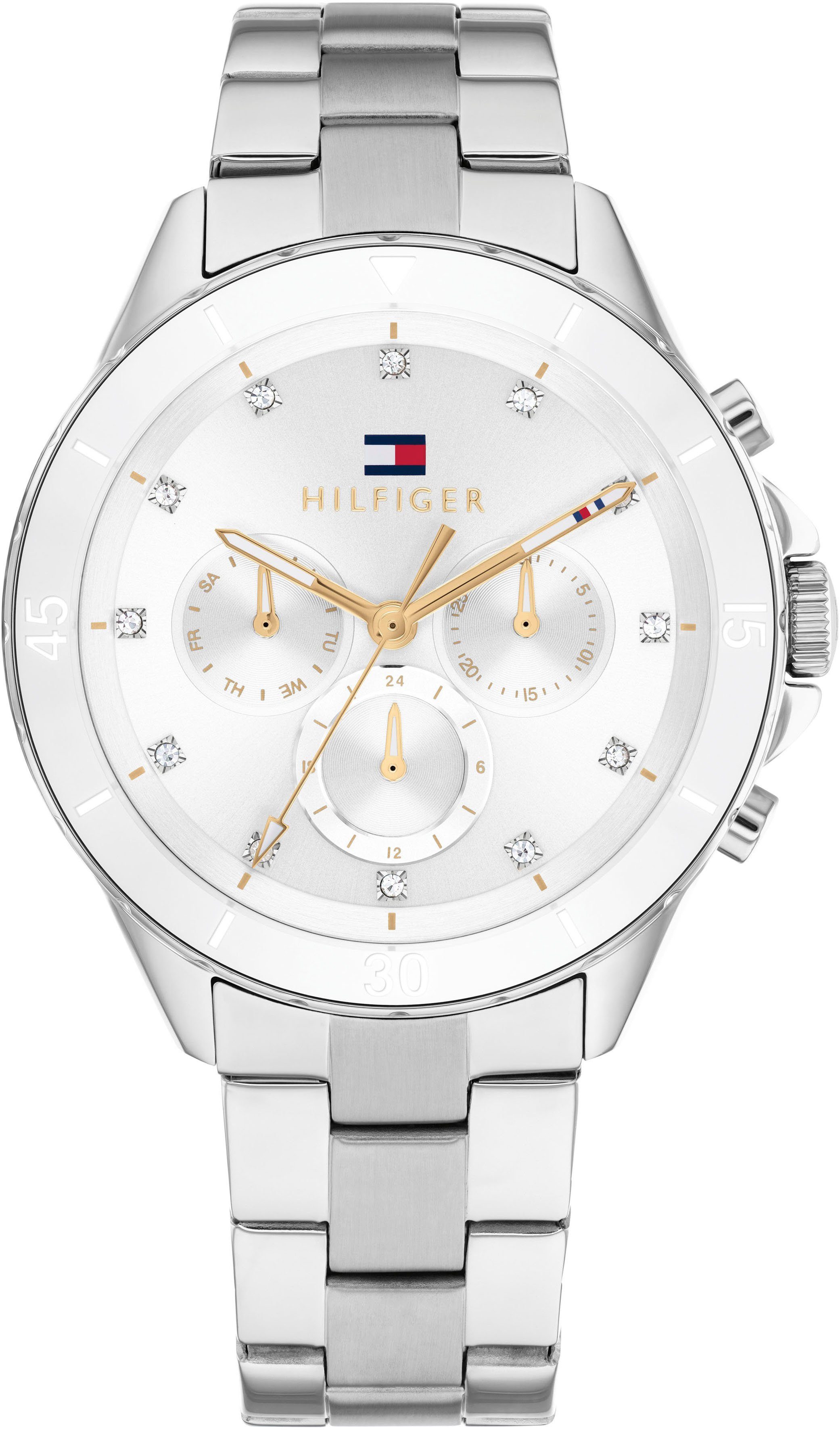 Tommy Hilfiger Multifunktionsuhr Mellie, Quarzuhr, Armbanduhr, Damen, Datum, Glaskristalle, 12/24-Std.-Anzeige