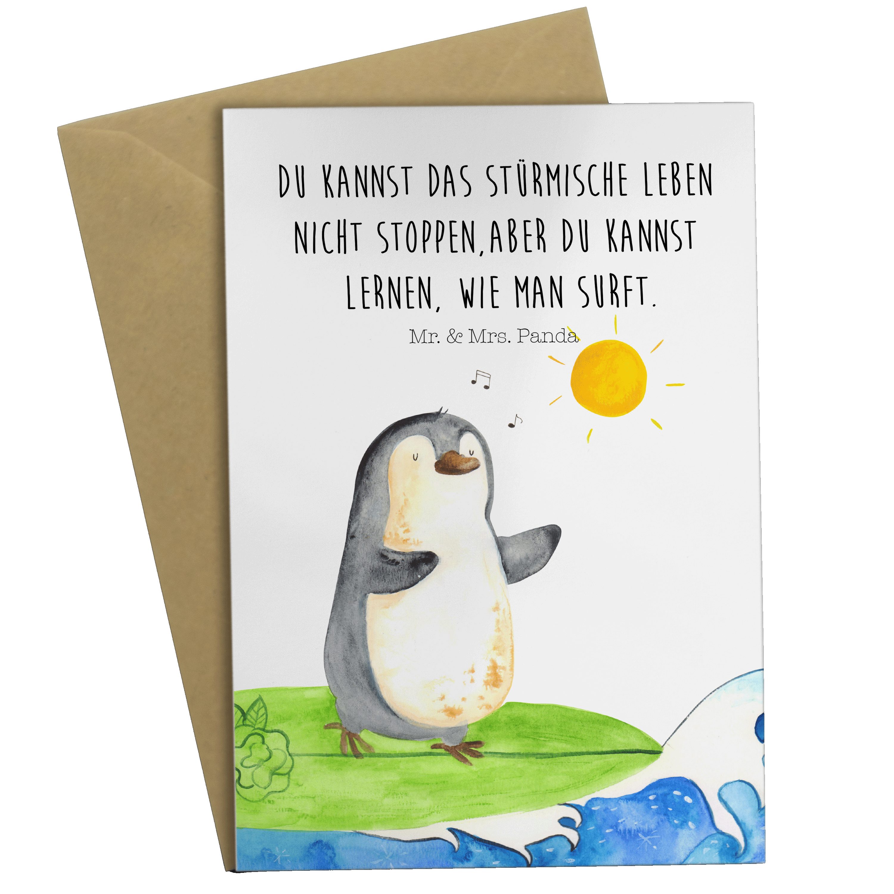 Mr. & Mrs. Panda Grußkarte Pinguin Surfer - Weiß - Geschenk, Klappkarte, Urlaub, Wellen reiten