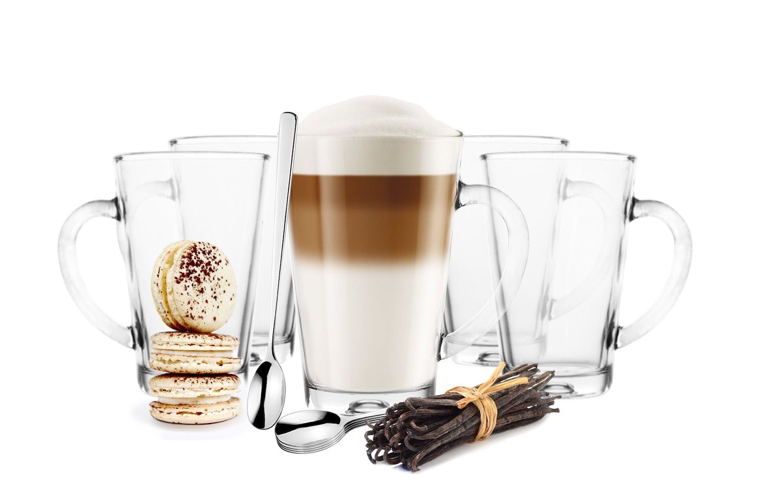 Sendez Latte-Macchiato-Glas 6 Latte Macchiato Gläser 300 ml mit Henkel und  6 Edelstahl-Löffel GRATIS, Glas