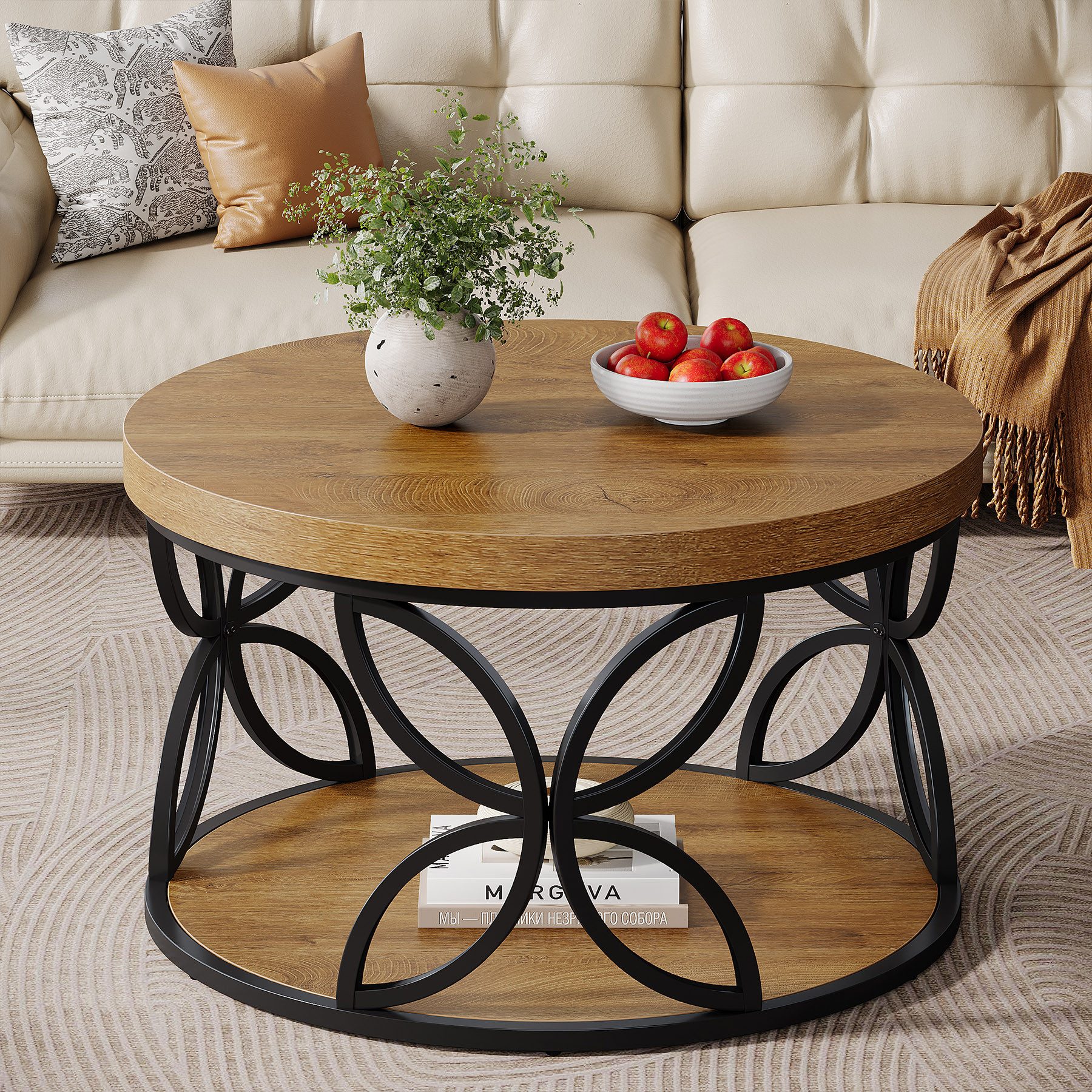 Tribesigns Couchtisch Rund 80 cm mit Stauraum, Braun