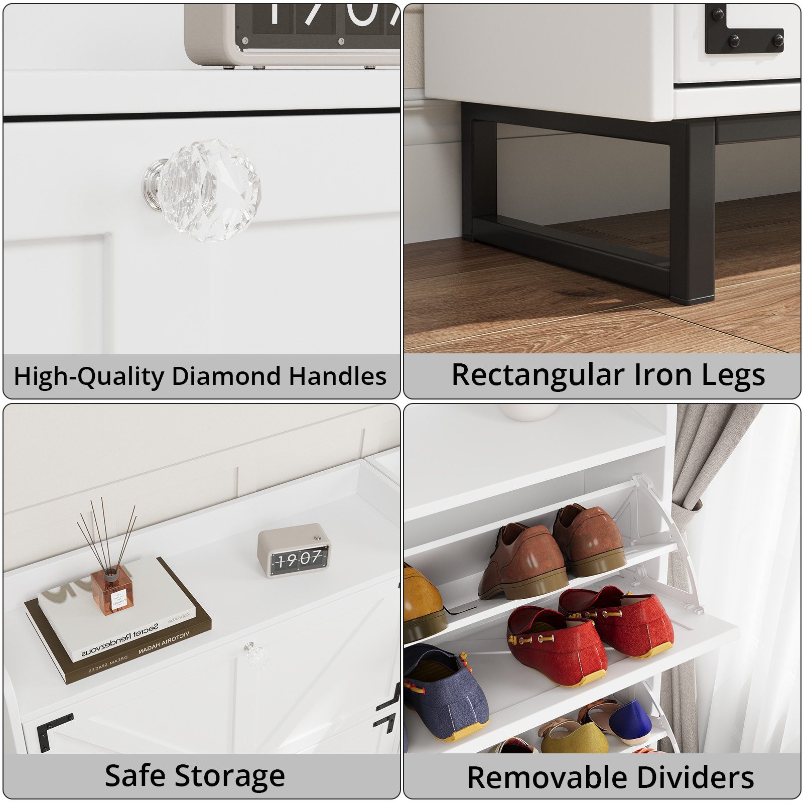 VOWNER Schuhschrank mit 2 Klappen, Freistehendem Schuhregal, 80×24×95 cm (1-St) Schuhregal mit 4 Fächern, verstellbar und abnehmbar