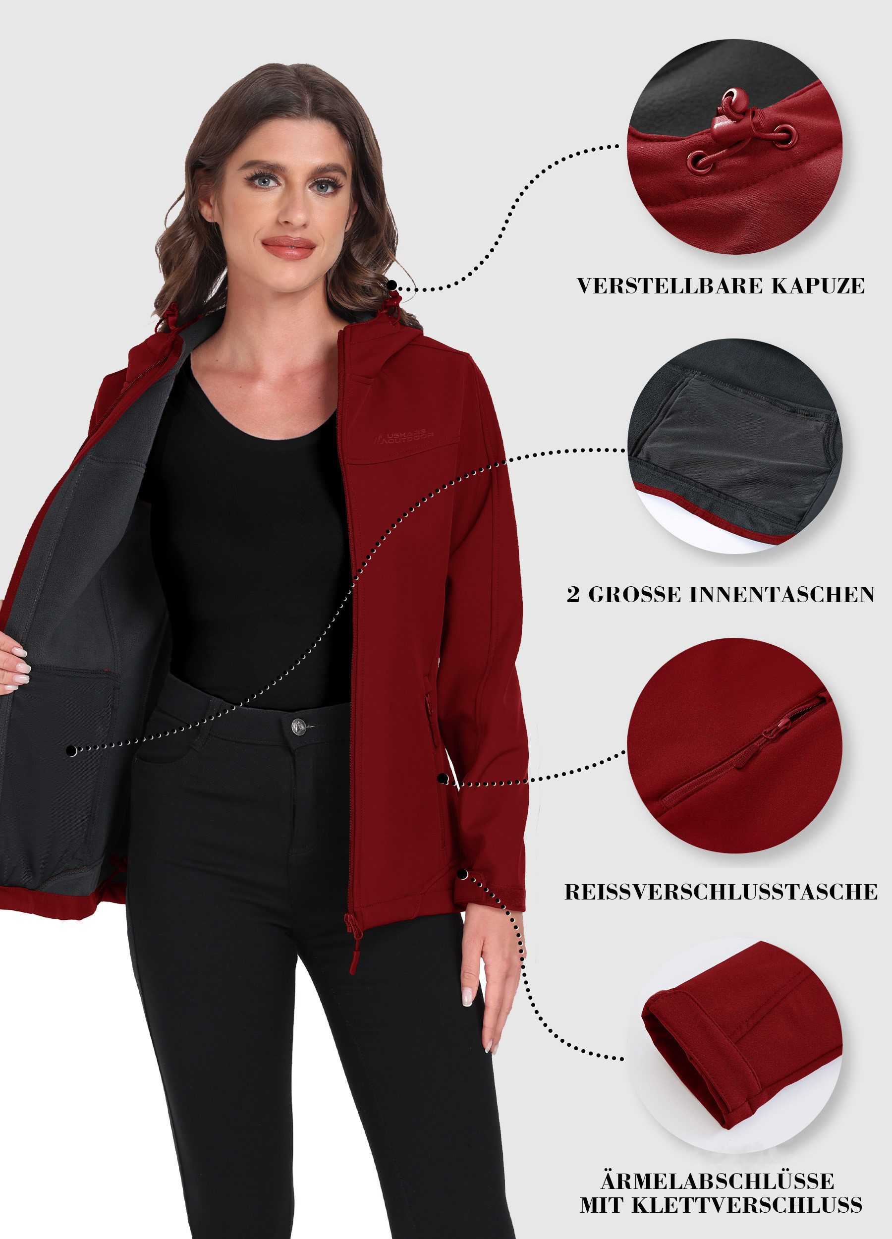 ATLASLAVA Softshelljacke Damen Wasserdichte Übergangsjacke Atmungsaktive Regenjacke Winddichte Jacke Gefüttert Kapuze für Outdoor Wandern – Bild 4 von 5