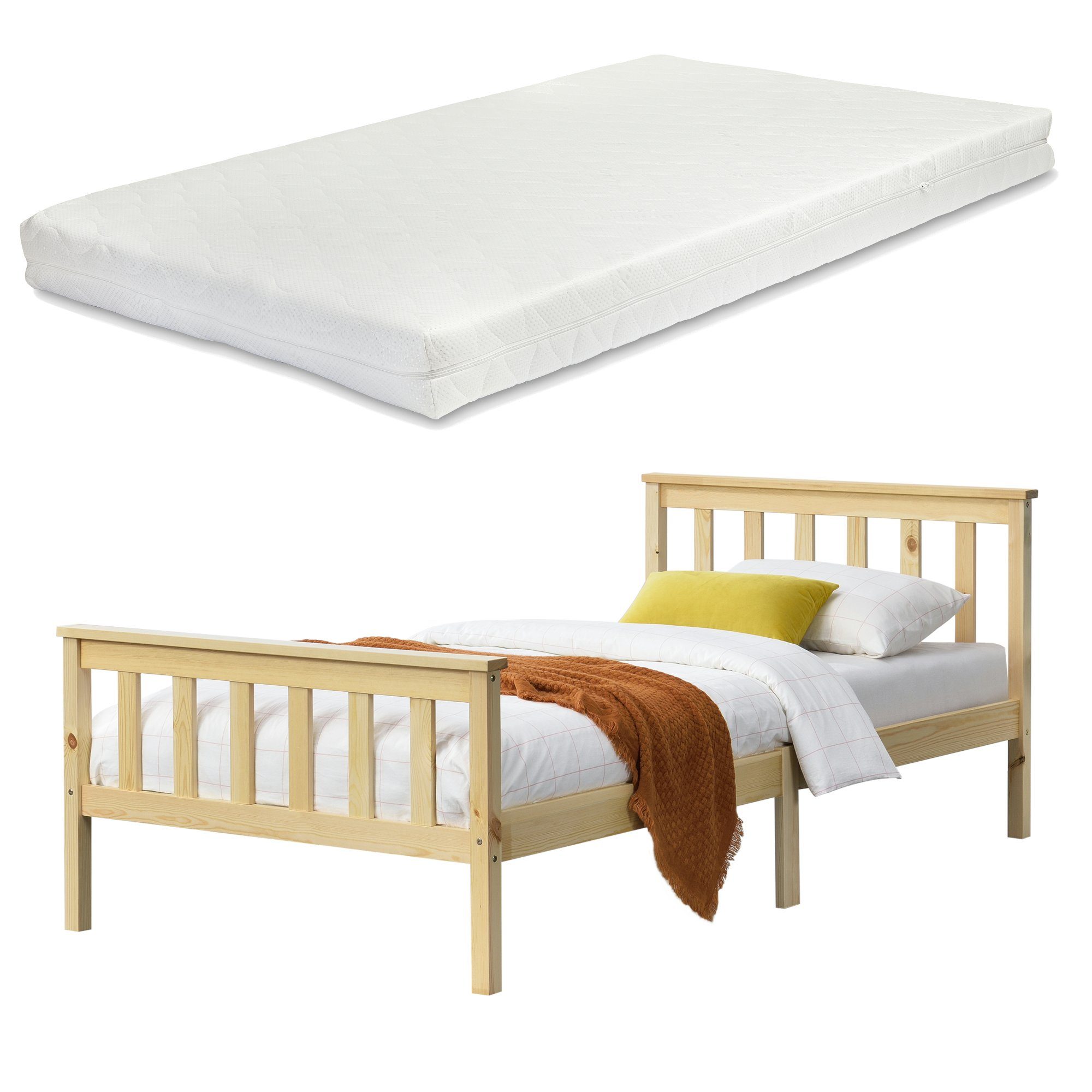 en.casa Holzbett, »Breda« Gästebett mit Matratze Natur Holz 100x200 cm