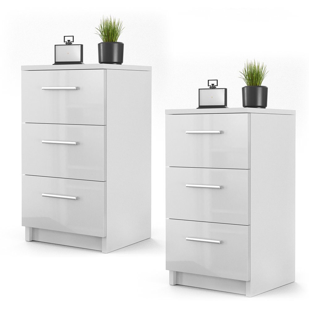 Vicco Nachtkommode, Weiß Hochglanz, 38 x 66 cm 2er Set (2 St)