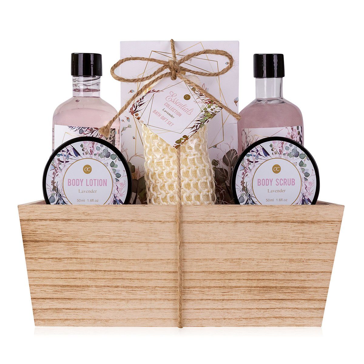 ACCENTRA Pflege-Geschenkset "Floral Dreams" Geschenkset mit Lavendel im dekorativen Holzkorb, 6-tlg., Hergestellt ohne Tierversuche