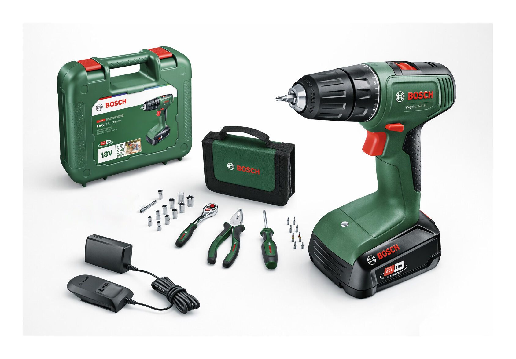 Bosch Home & Garden Akku-Bohrschrauber EasyDrill 18V-40, 18 V, Mit 1x Akku 2 Ah, Mobility Werkzeug-Set 26 tlg. - im Tragekoffer