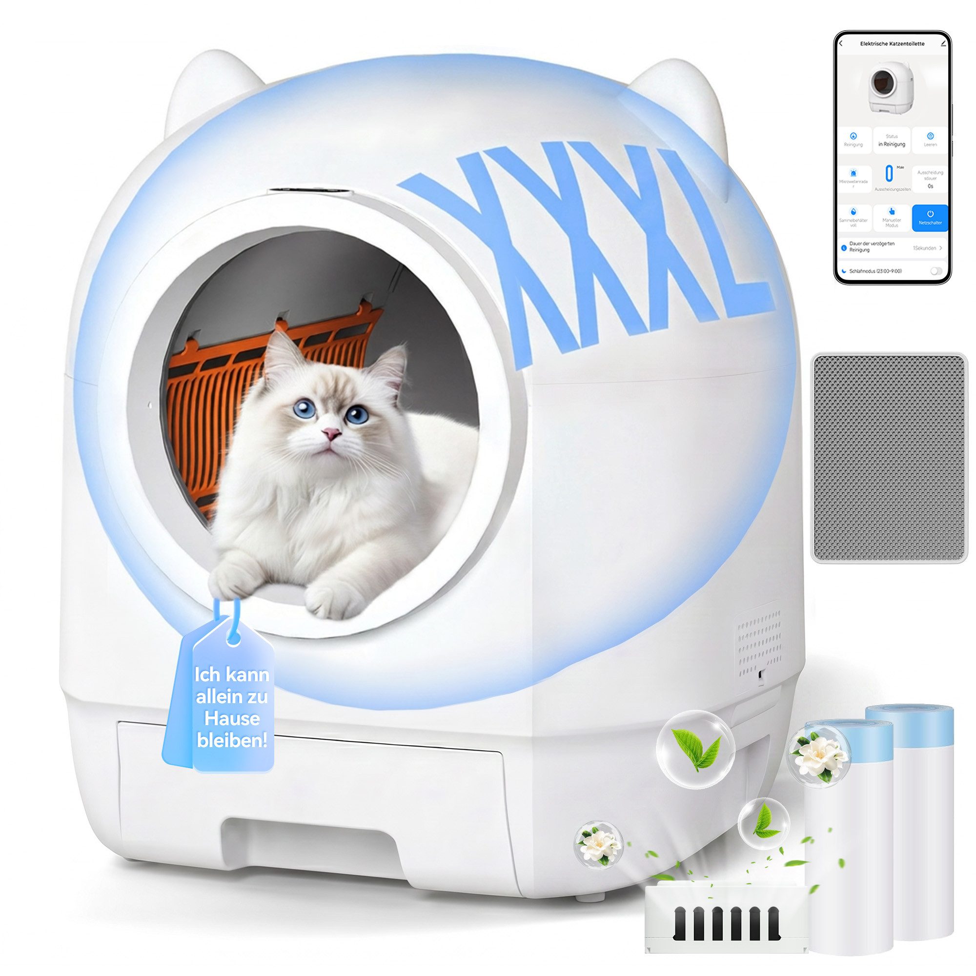 HOMALL Katzentoilette XXXL katzenklo selbstreinigend für grossen katzen,Sicherheitsschutz x7, mit Aromabox, Matte, leiser Betrieb & Nachtmodus – für Mehrkatzen