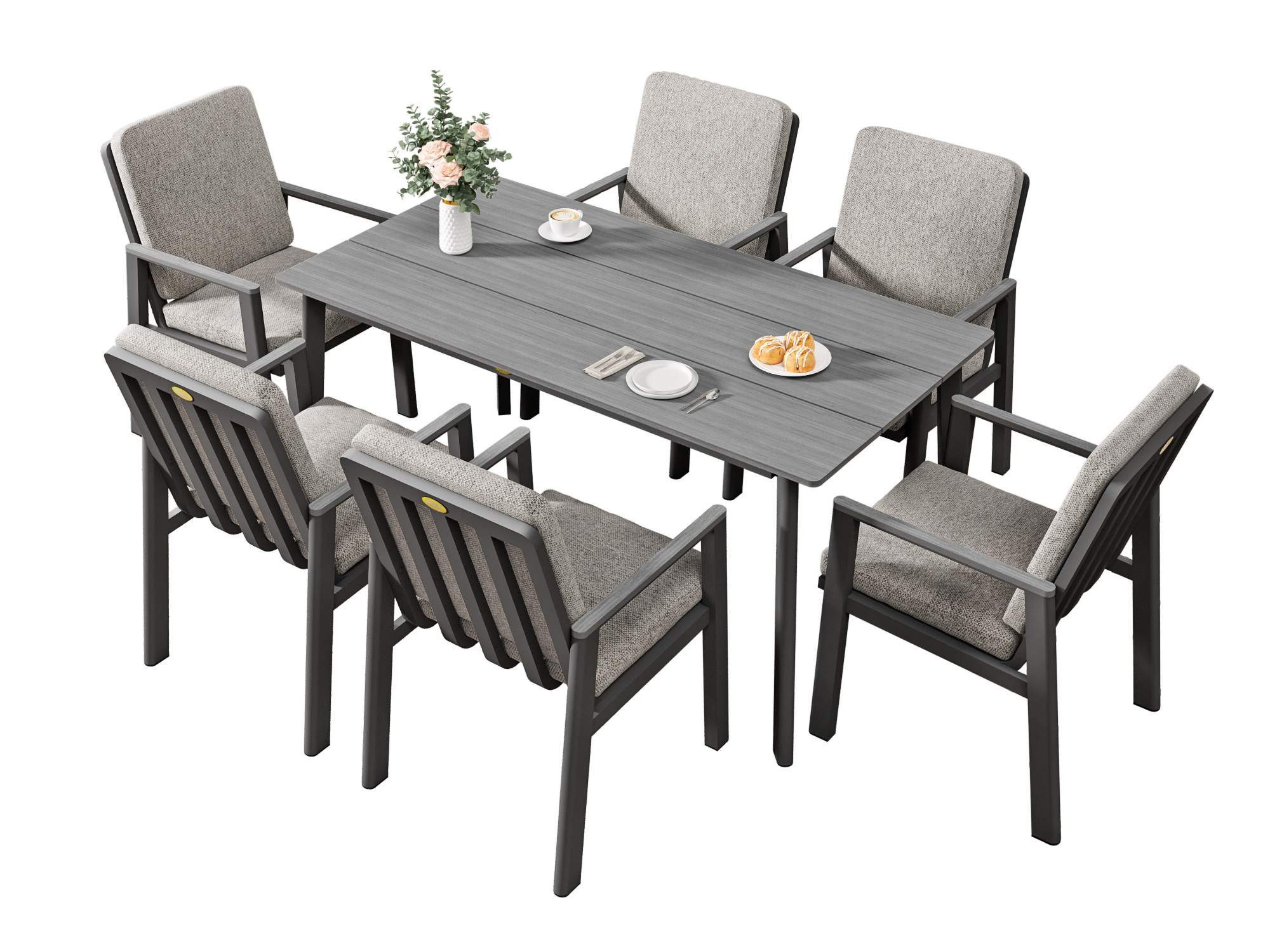 MeXo Gartenlounge-Set Garten Essgruppe für 6 Personen, (Gartenmöbel-Set aus Aluminium, 7-tlg., mit ergonomischen Sesseln inkl. Kissen), Belastbarkeit pro Sitzplatz 140 kg