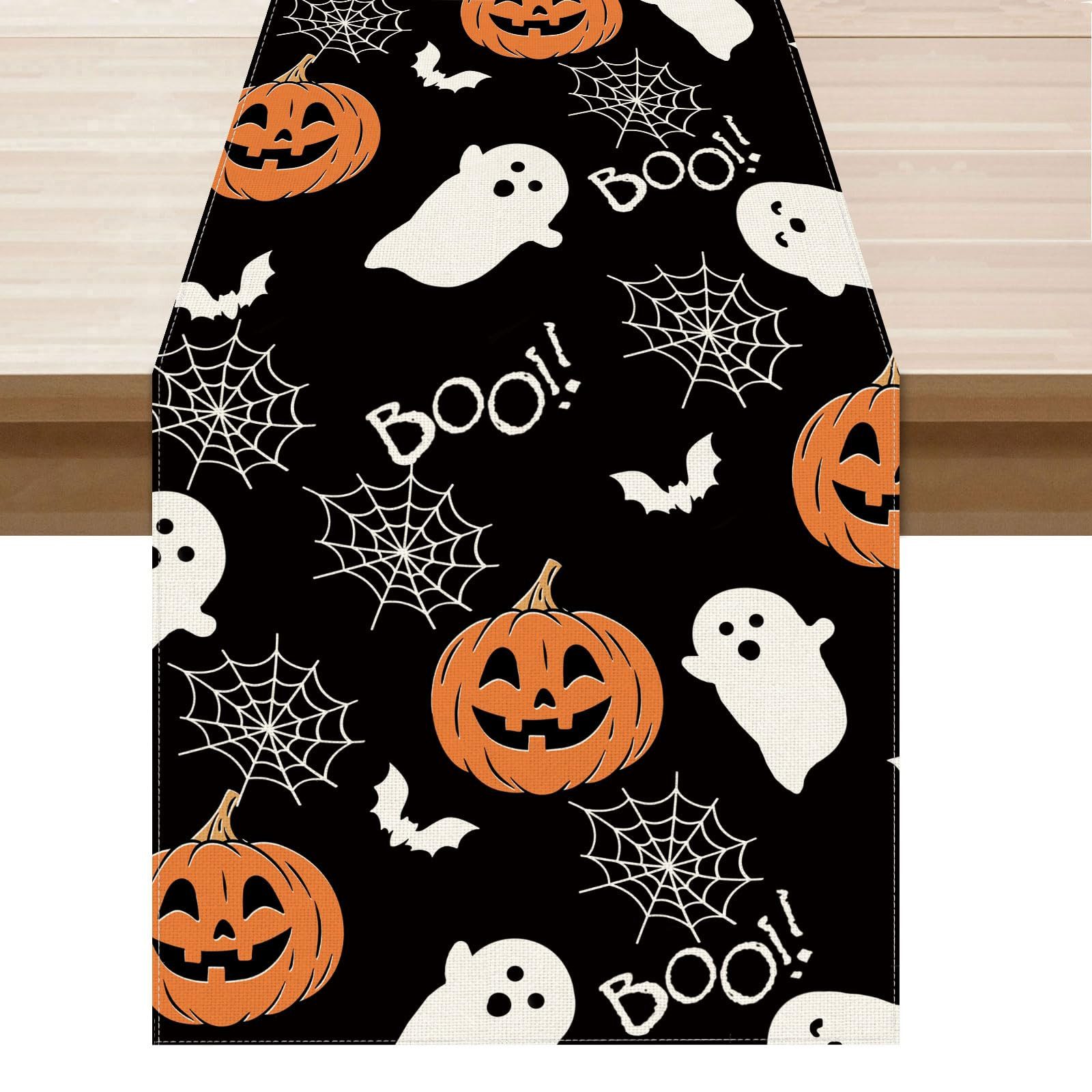 Sorvyzxn Tischläufer Halloween Tischläufer Leinen,Geister-Kürbis-Tischläufer, 33 × 183 cm, Tischdekoration für Zuhause, Küche, Esszimmer, Dinner, Innenbereich