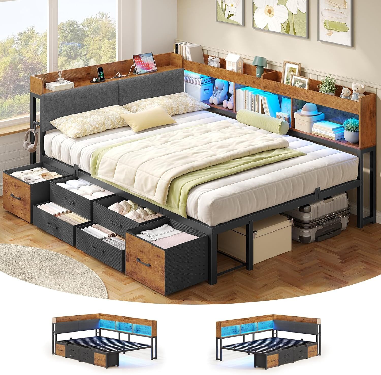 MSMASK Daybett Tagesbett Schlafsofa mit LED-Beleuchtung & Ladestation, Jugendbett mit 6 Staufächern und 6 Schubladen – Liegefläche 140x200 cm