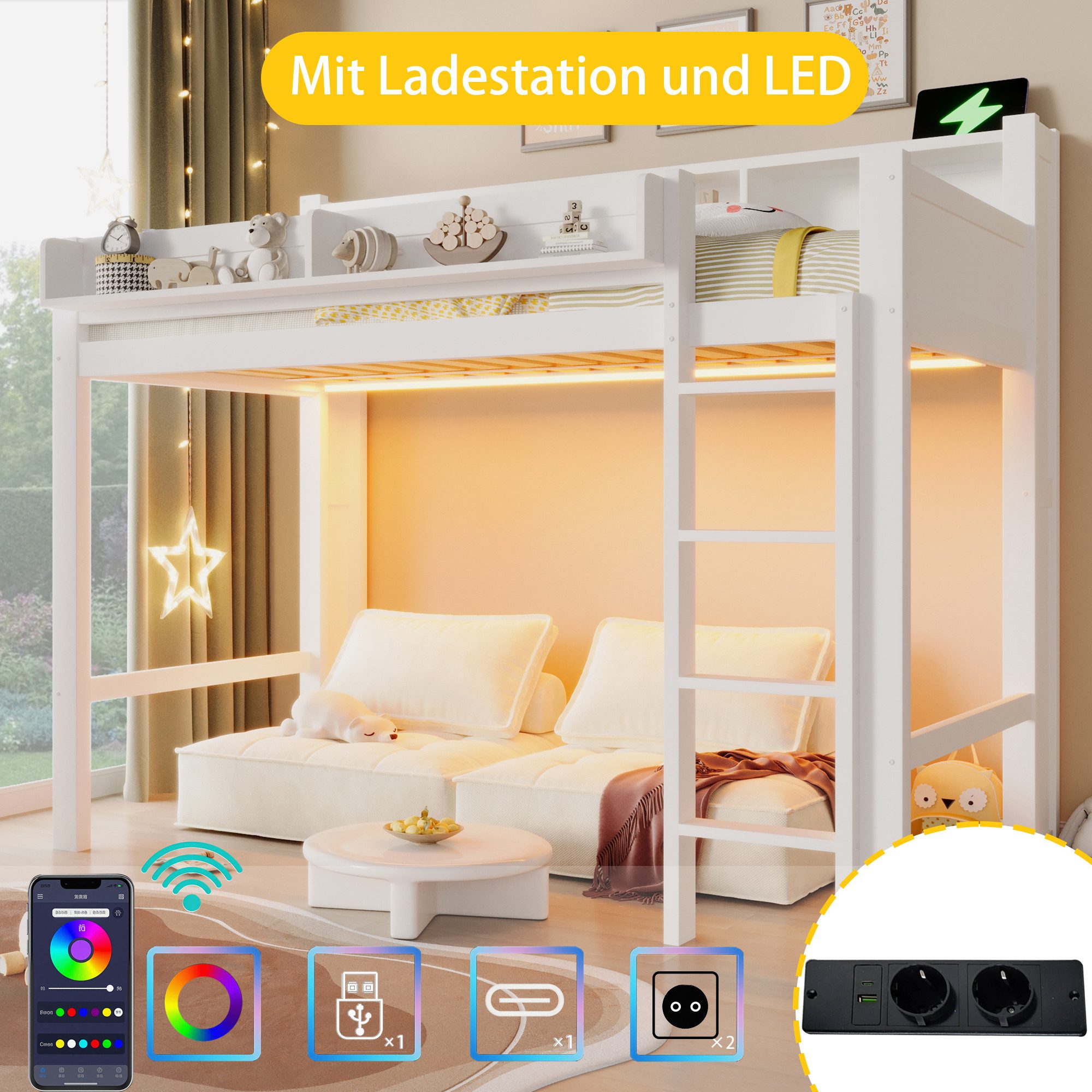 Merax Hochbett mit LED-Beleuchtung & USB-Anschluss (1-St., Jugendbett Einzelbett Holzbett) Kiefer Kinderbett 90x200cm mit Schreibtisch Geländer Leiter Stauraum – Bild 4 von 5
