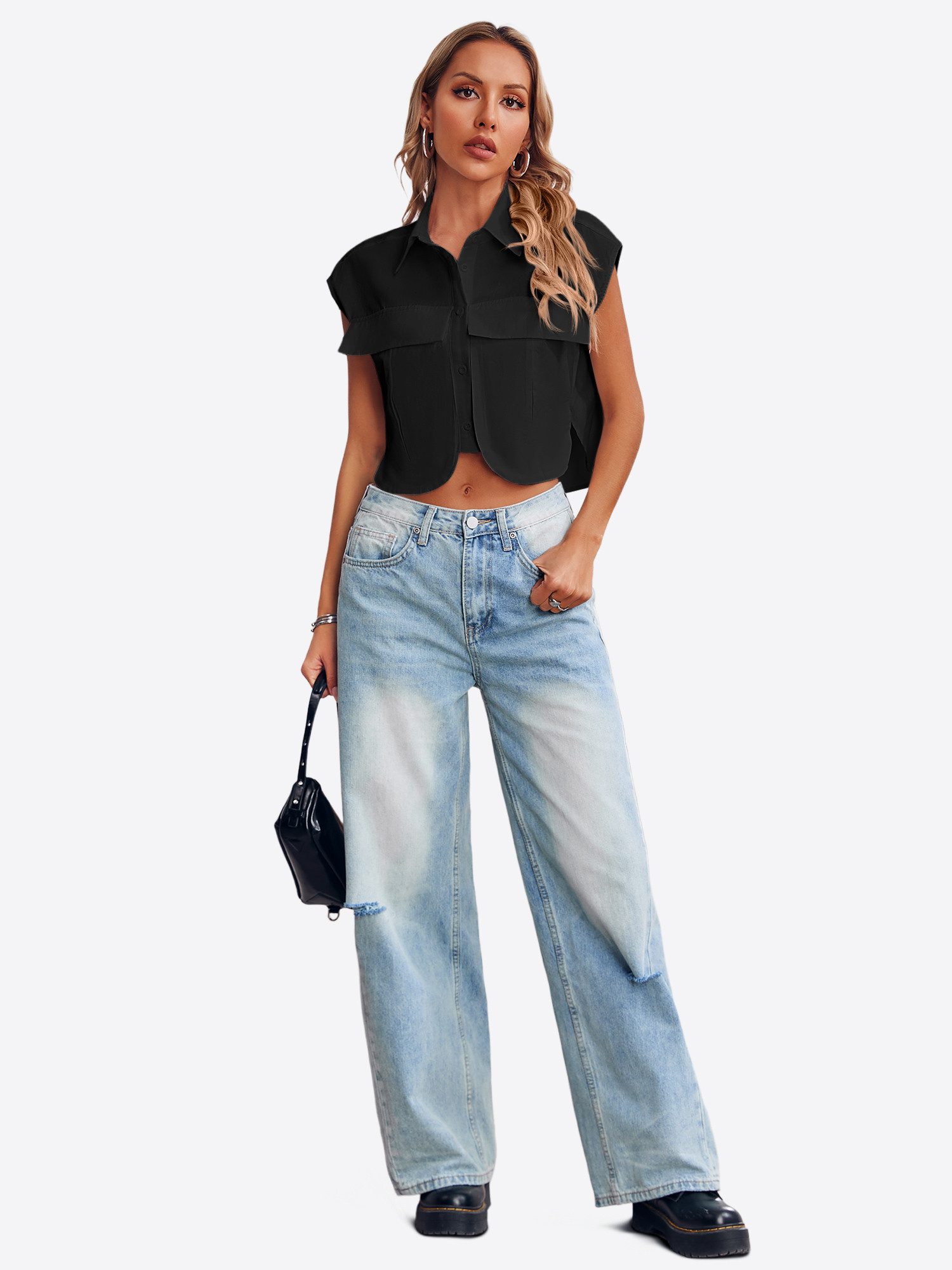 Imily Bela Blusenshirt Damen Ärmellose Cropped mit Brusttaschen und Kragen Casual (Packung, 1-tlg., 1per-Pack) aus Baumwolle in Unifarbe