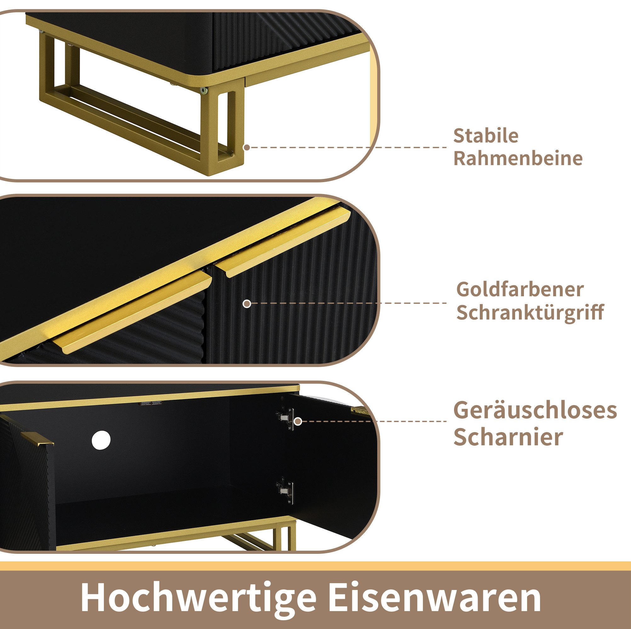Merax Lowboard in Weiß und Gold, TV-Board mit vier Türen und Stauraum (1 St., 160 x 37,5 x 48 cm), TV-Schrank mit geometrischer 3D-Front, Kabelmanagement, Metal – Bild 5 von 5