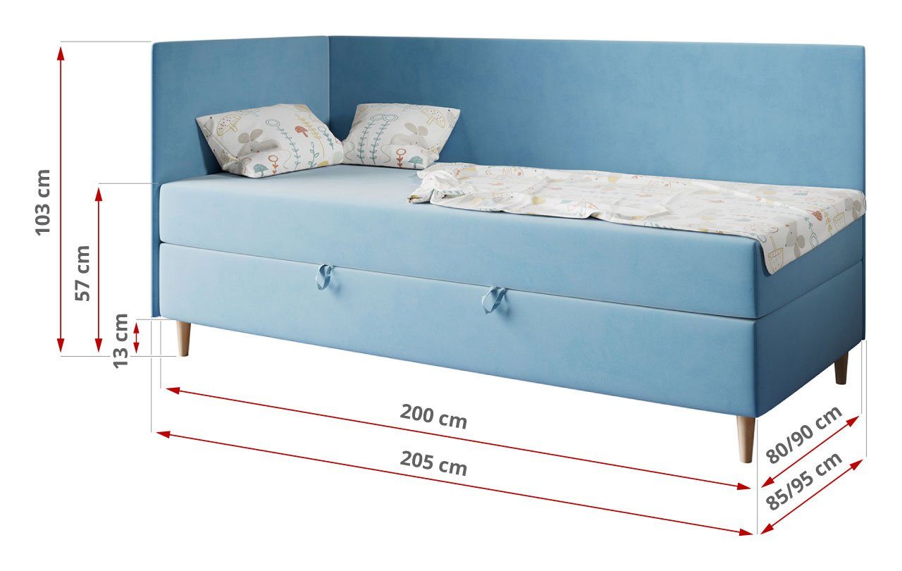 MKS MÖBEL Kinderbett ZUZA - 90x200, Boxspringbett Jugendbett 3, Einzelbett Blau Bett Kinderbett