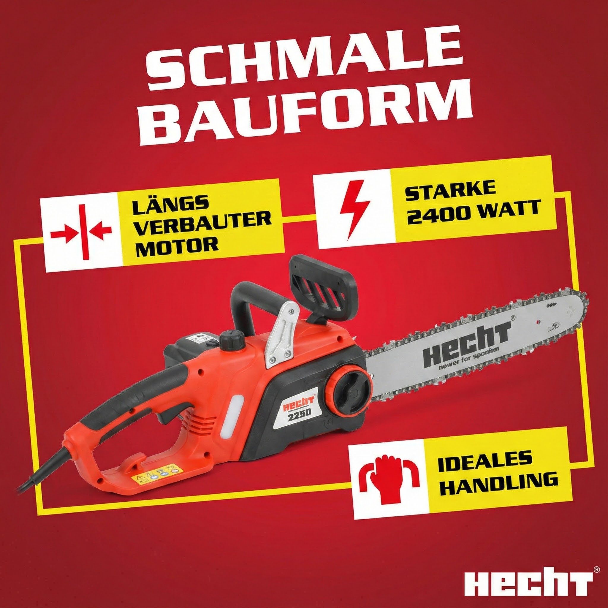 Hecht electric chainsaw 2250 with 40 cm cutting length, 45.8 cm bar length, 2400 watts, soft start, kickback brake