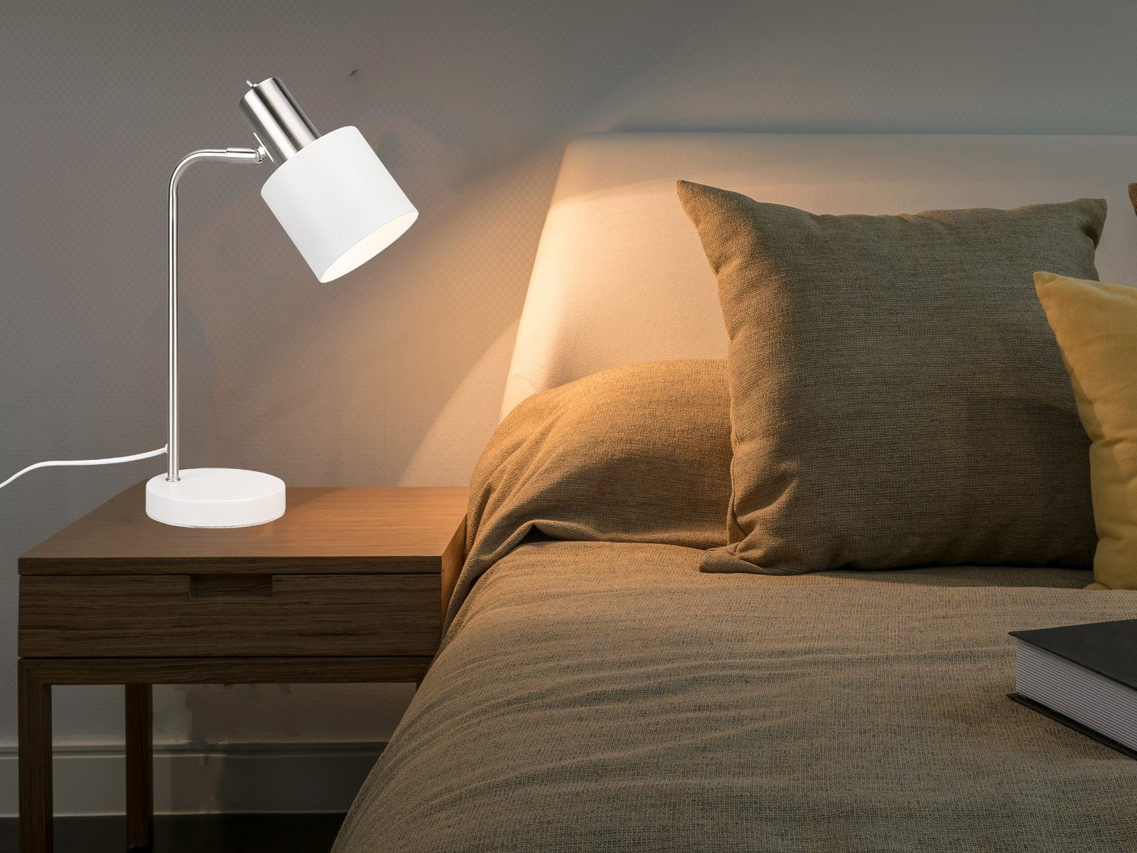 meineWunschleuchte LED Nachttischlampe, dimmbar, 43cm Bett Weiß, Metall warmweiß, große Höhe wechselbar, Leselampe mit LED Chrom-Weiß Lampenschirm