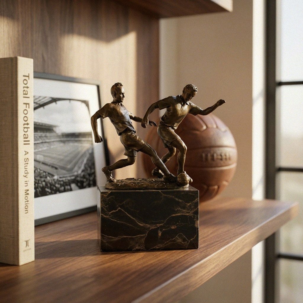 Antikas Wanddekoobjekt Hochwertige Bronzefigur Fußballspieler, patiniert auf Marmorsockel
