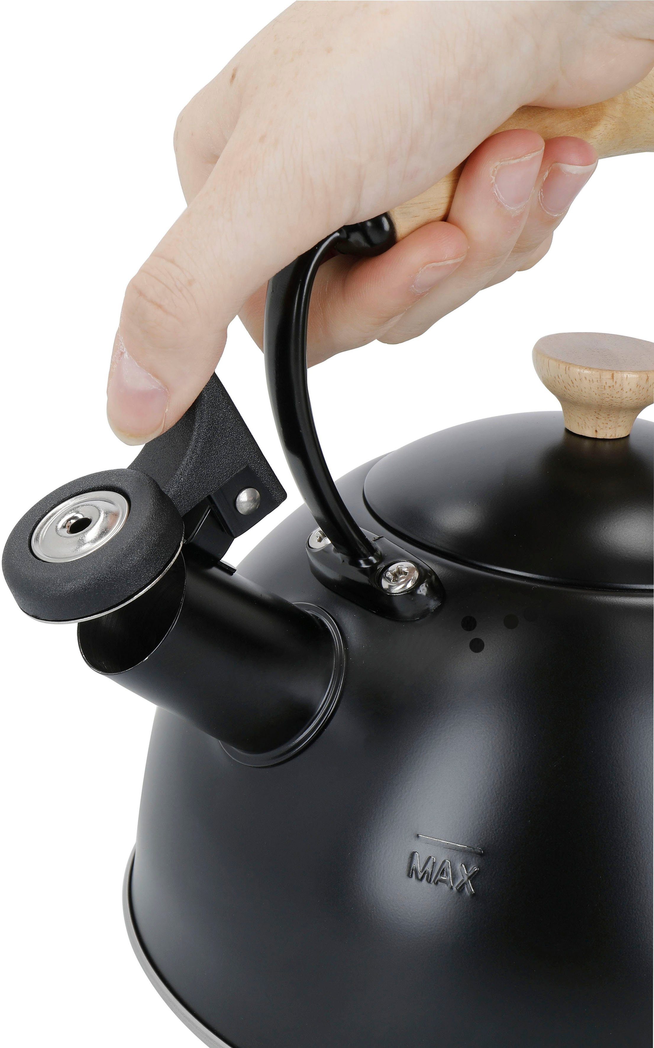 La Cafetière Wasserkessel La Cafetière, Edelstahl 18/10 (1-tlg), pfeifend, mit Holzgriff, 1,6 Liter, Induktion