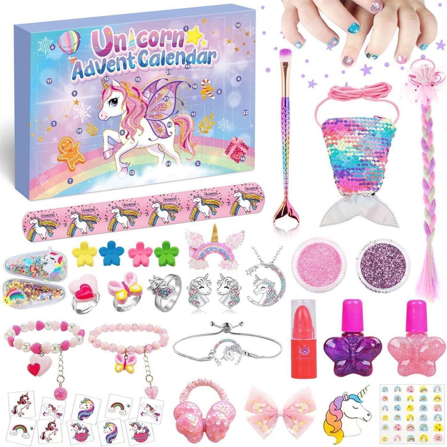 LuxusKollektion Schmuck-Adventskalender Adventskalender Einhorn Mädchen 2024 Haarschmuck Fingertattoo