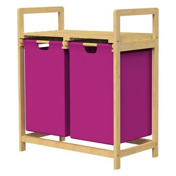 ML-DESIGN Wäschekorb Wäschebox mit 2 Fächern aus Bambus und Stoff für Badezimmer, Wäschesäcken 60L mit Stabiles Holzgestell Rosa 73x63x33cm Wäschetruhe