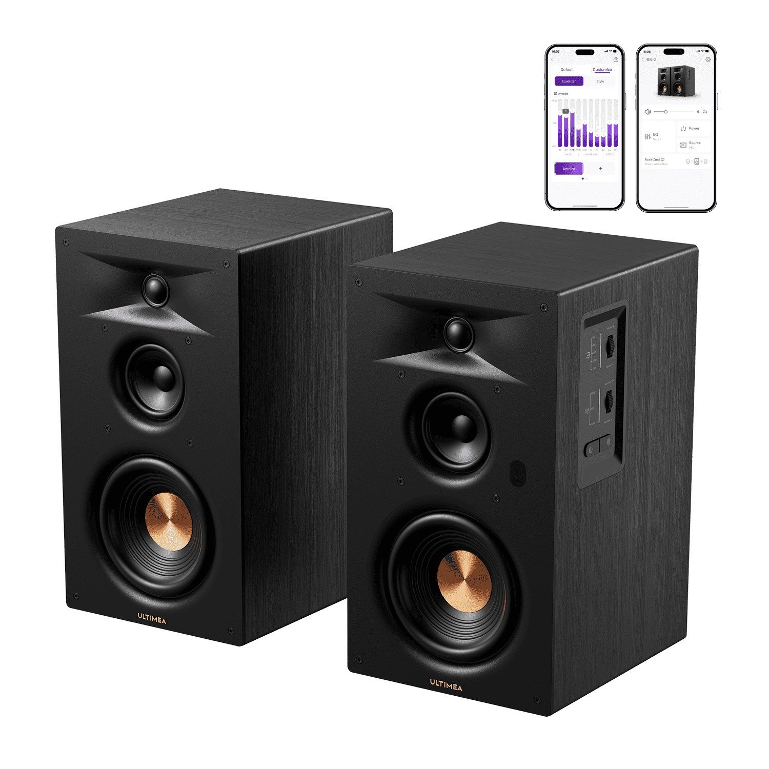 Ultimea BS-3 3-Way Bookshelf Speakers Regal-Lautsprecher Edge Horn & BassMX (Bluetooth 6.0, 70 W, 5,25'' Tieftöner, App, Heimkino, Auracast, Design ohne Frontgitter)
