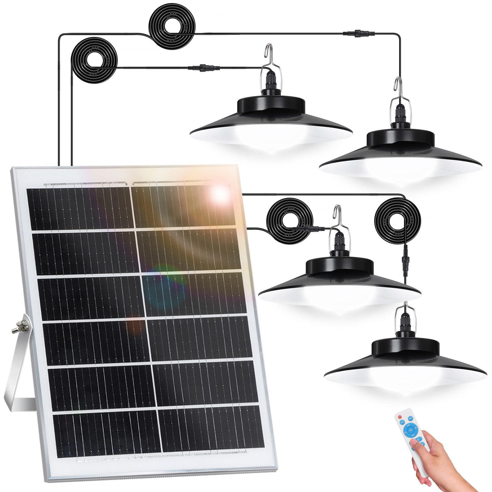 LMaxhome LED Solarleuchte Hängelampen Solar Deckenleuchte Outdoor, 5 Modi mit Fernbedienung IP65, Trennbar - 4 Lampen (Neu verbessert), LED fest integriert, Warmweiß/Kaltweiß Wahlbar, mit Bewegungsmelder und 5m Kabel, Solarlampe für Garten, Terrasse