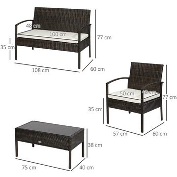 Outsunny Sitzgruppe Polyrattan Gartenmöbel für Pause mit Sofa Sitzkissen, (Sitzgarnitur, 4-tlg., Rattensofa-Set), Stahl Braun+Cremeweiß