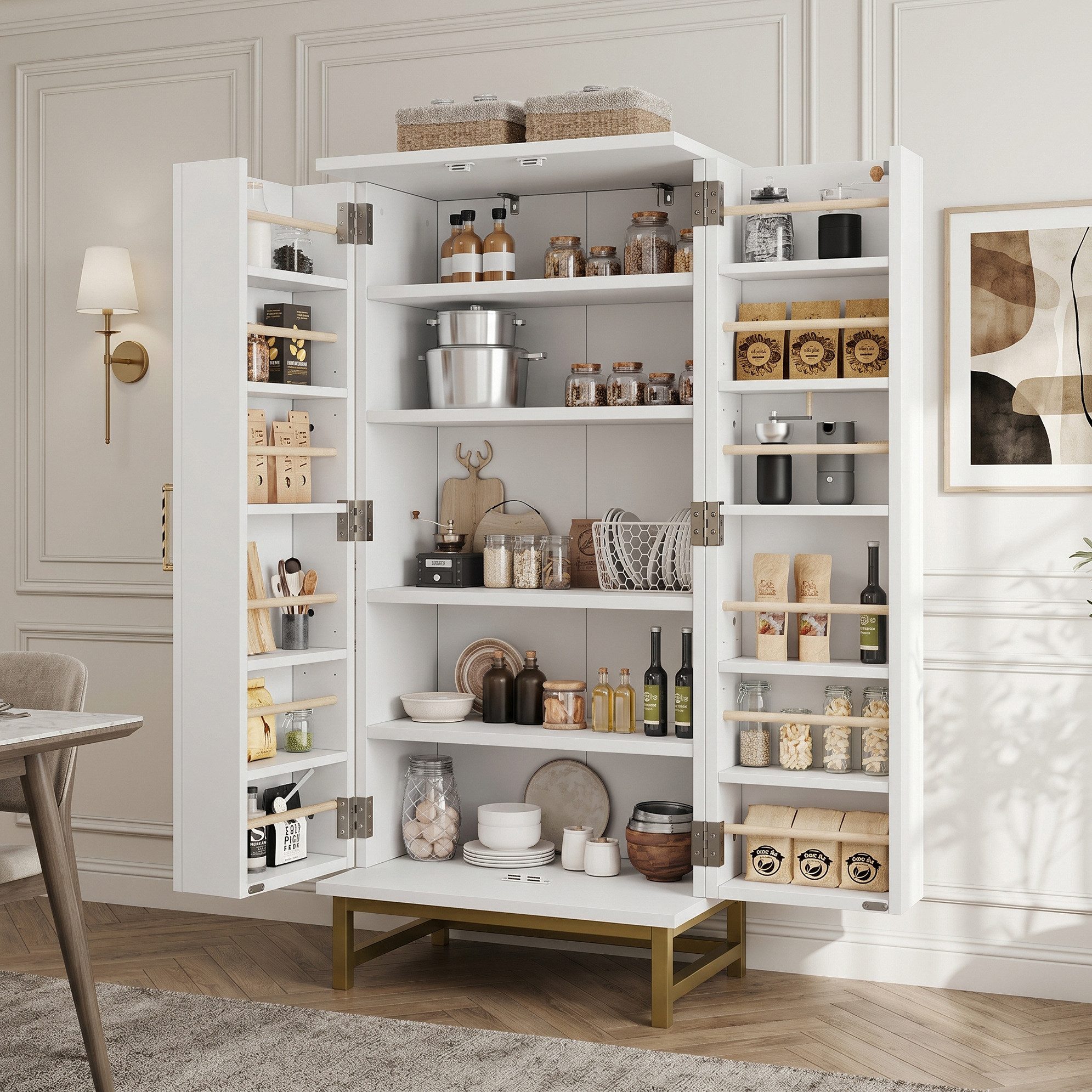 OKWISH Mehrzweckschrank Kompakter Vorratsschrank mit verstellbaren Böden & Türfächern (Packung, 1-St., Weiß+Gold, für Küche & Esszimmer) 60×40×130 cm, viel Stauraum, flexibel