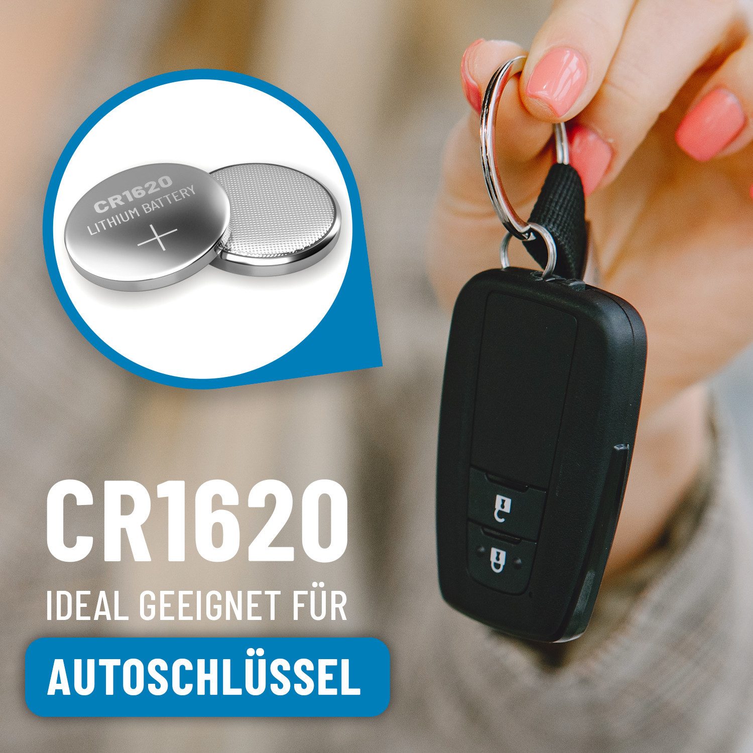 ABSINA CR1620 3V Lithium Knopfzelle 5er Pack - 1620 - für Autoschlüssel Knopfzelle, (1 St)