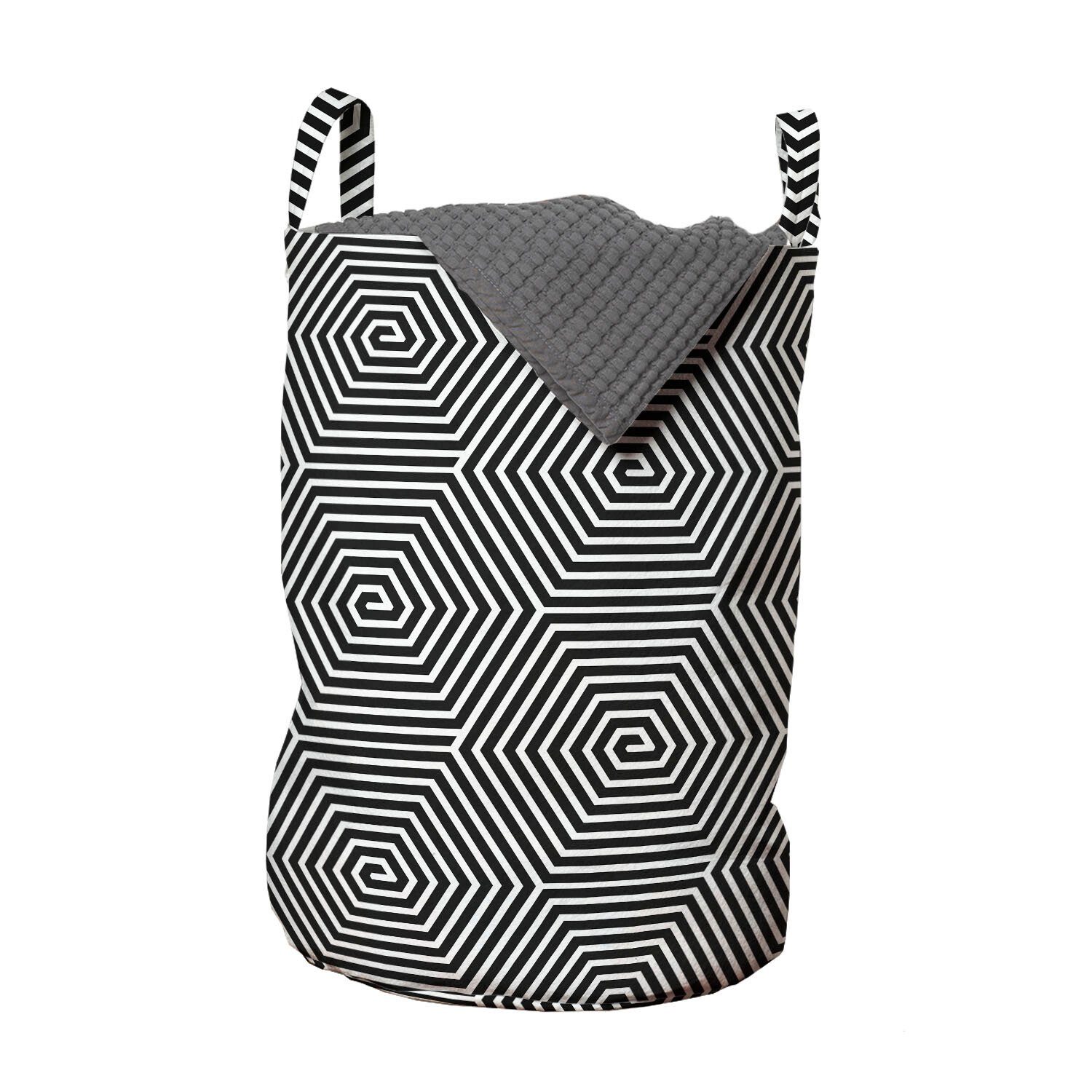 Abakuhaus Wäschesäckchen Wäschekorb mit Griffen Kordelzugverschluss für Waschsalons, Schwarz und weiß Spirallinien