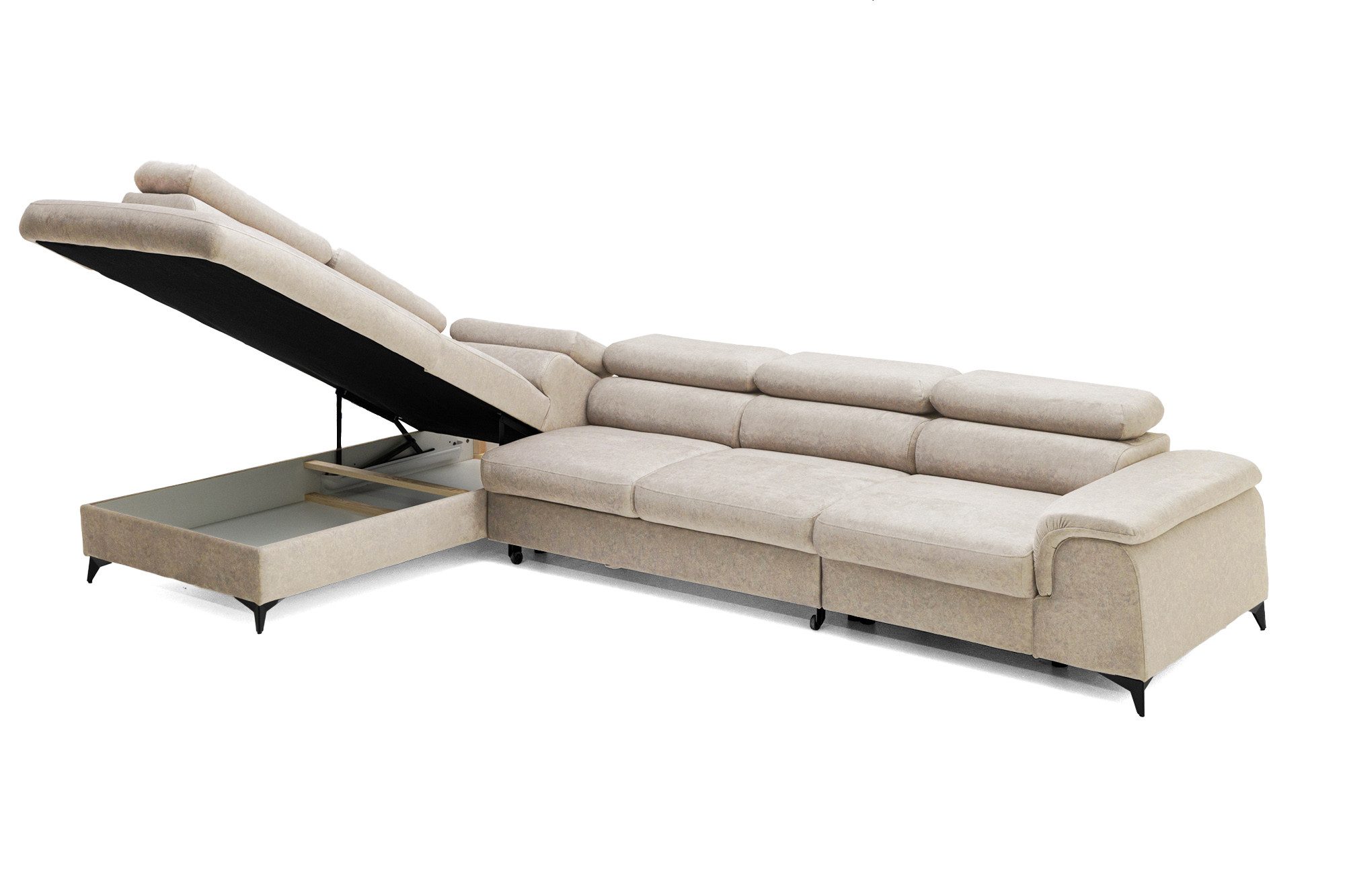 Muffo Ecksofa Plaza Maxi, Modernes Große sofa L-form mit Schlaffunktion und Verstellbare Kopfstützen Metallfüße, elegante einfache Form