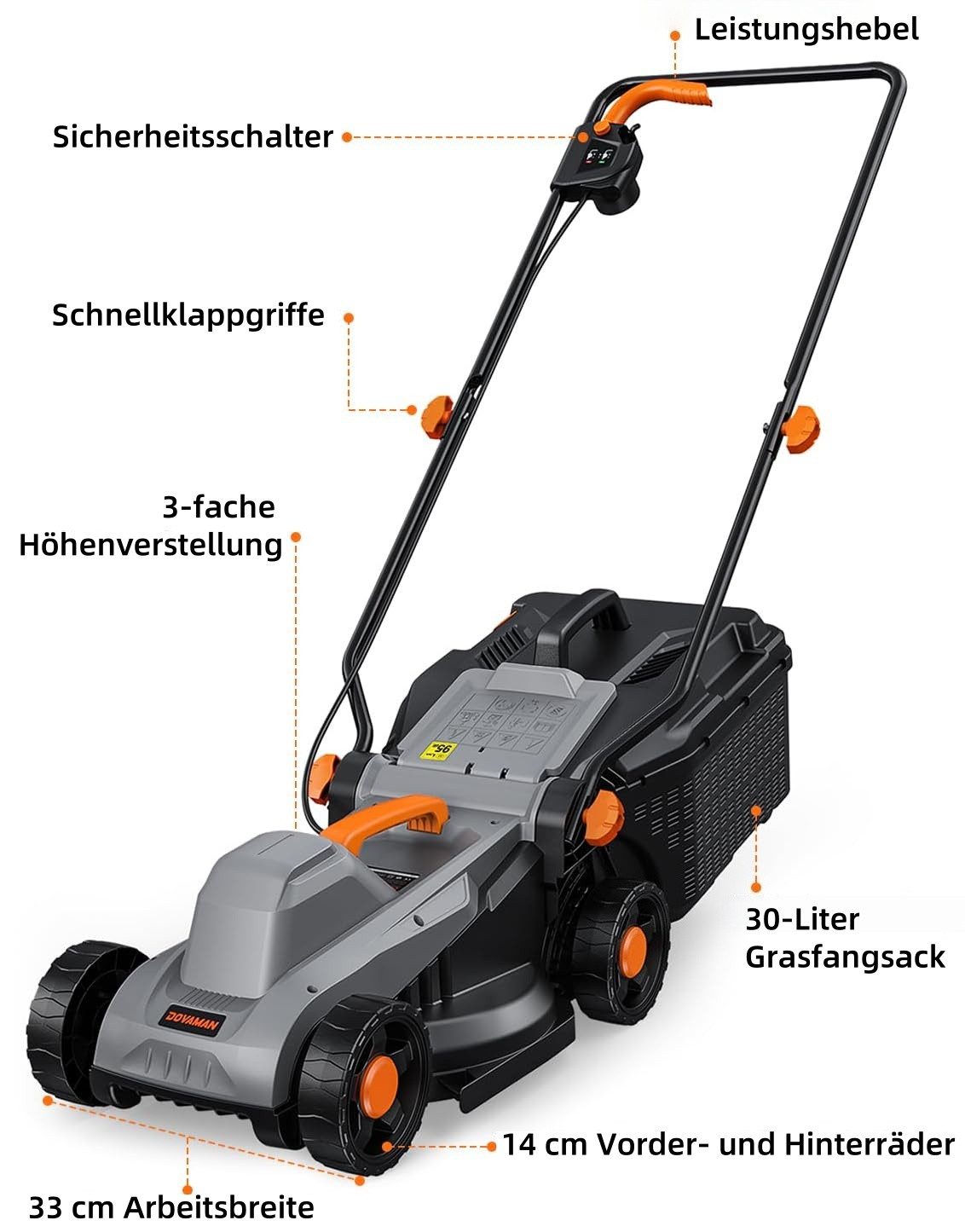 DOVAMAN Elektrorasenmäher 1300W Elektro Rasenmäher, 33cm Schnittbreite, 3-f günstig online kaufen
