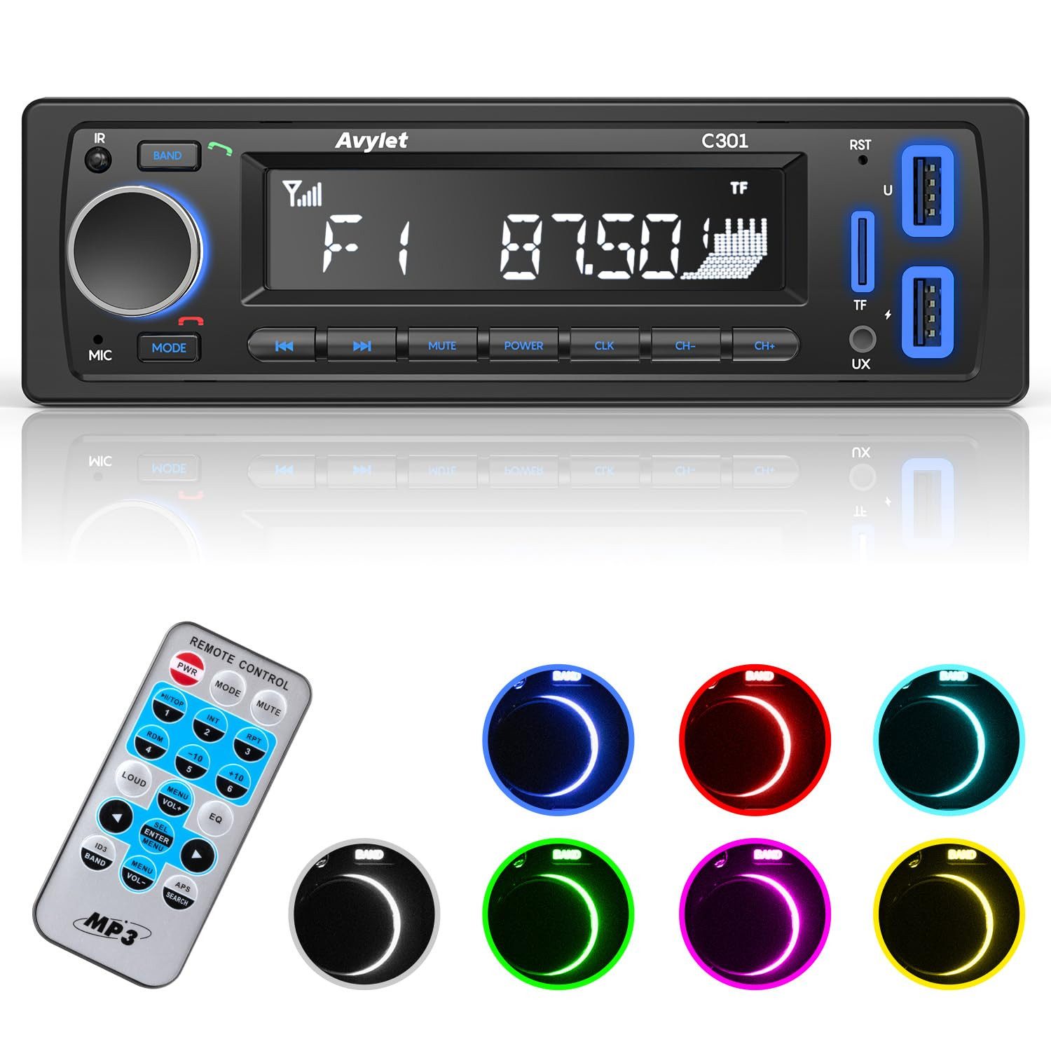Avylet Autoradio mit Bluetooth Freisprecheinrichtung,7 Farben FM Autoradio (FM radio, Equalizer, Spotify, 7 Farben Buntes Licht, Autoradio 1 Din mit 2 USB/AUX/SD Karte/MP3-Player)