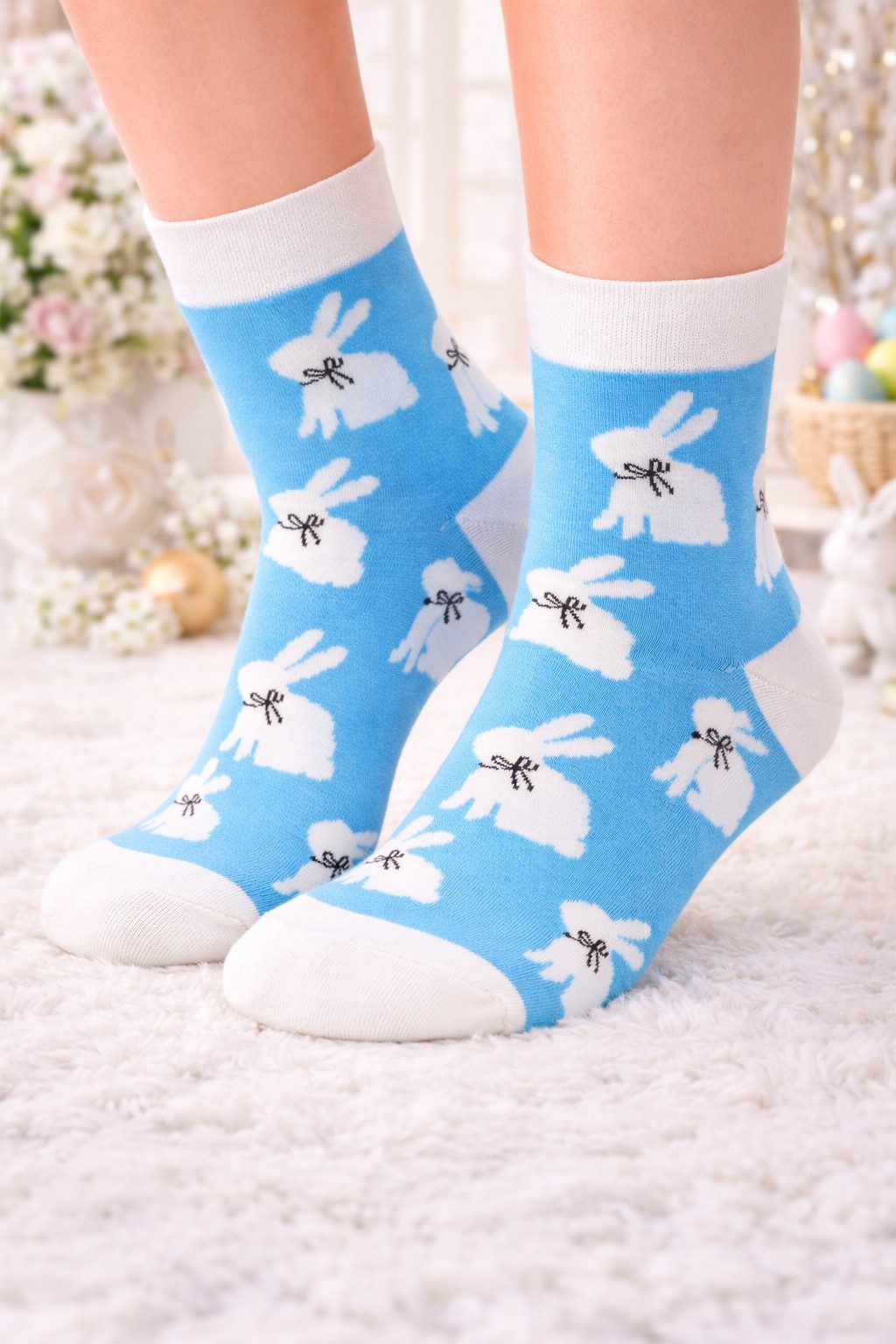 Martinex Socken stylische Strümpfe socks in Türkis mit Hasen Muster Kaninchen (1 Paar socks, geformte Ferse, nahtlos, Ostern) Langsocken aus Baumwolle mit Hasen 35 36 37 38 39 40 41 42 43 44 45