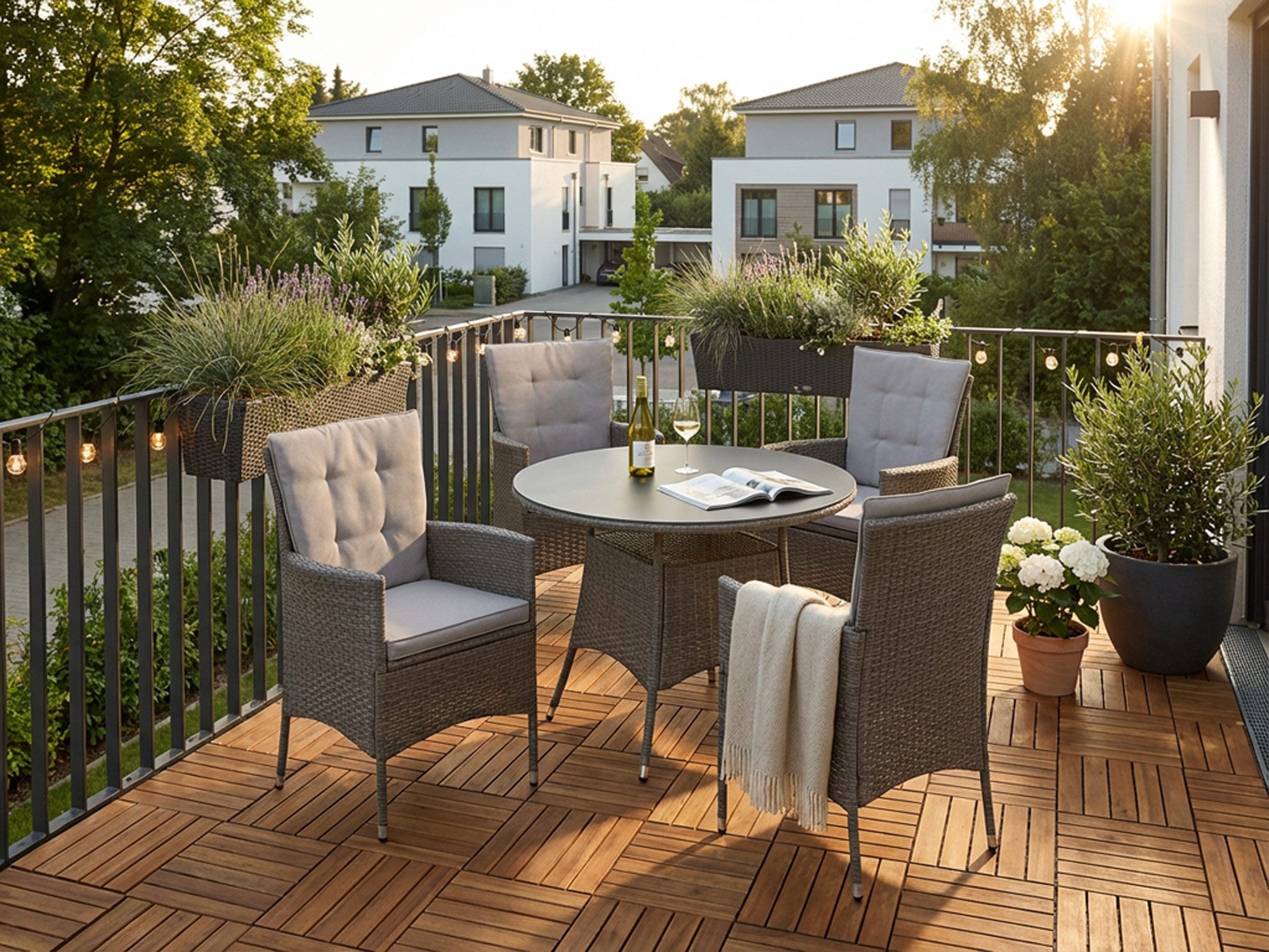 KONIFERA Garten-Essgruppe Mailand, (Set, 13-tlg., 4 Sessel, Tisch Ø 100 cm, inkl. Auflagen), Polyrattan, Stahl, Braun, Tischplatte aus Sicherheitsglas