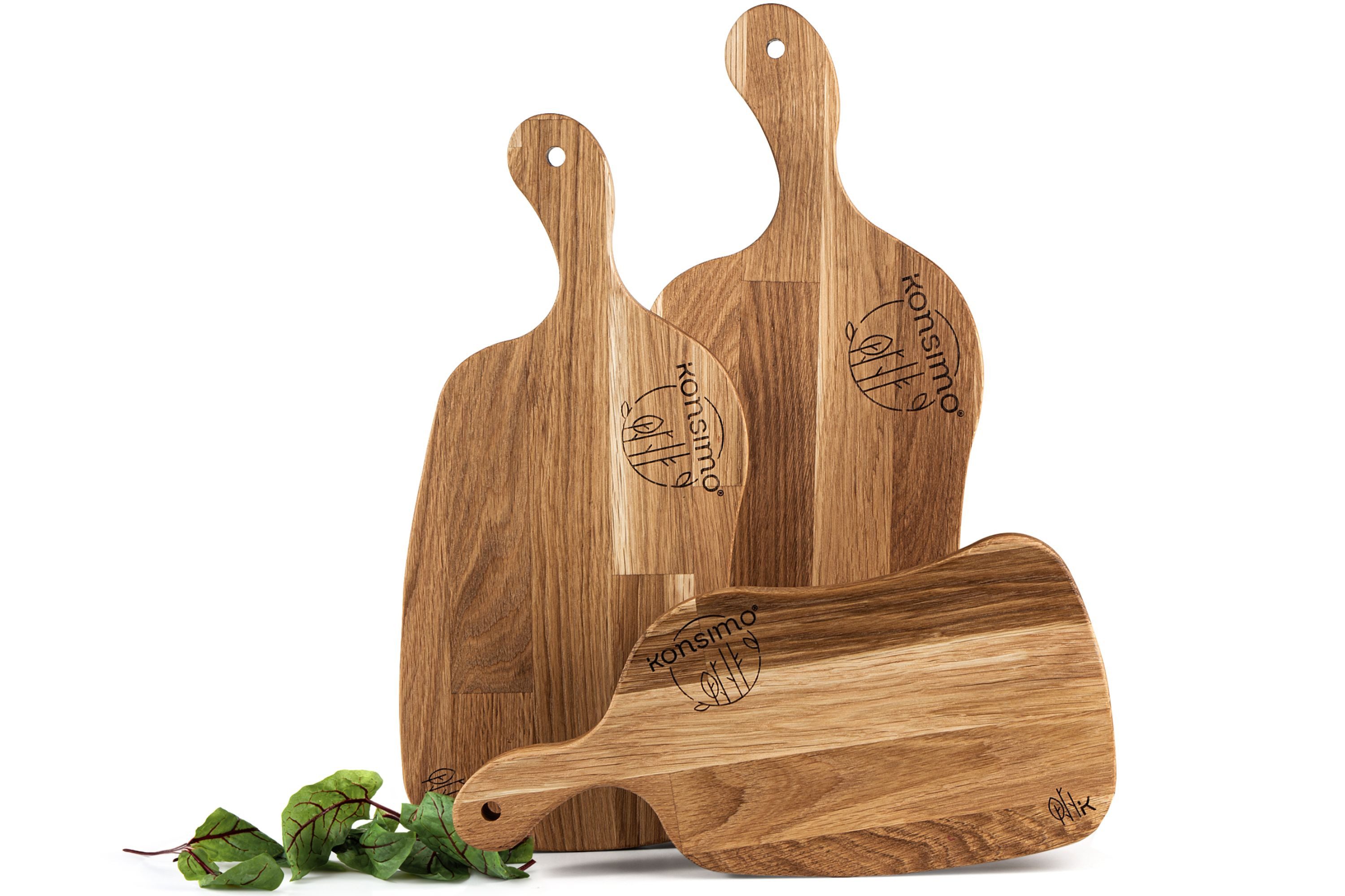 KONSIMO® Schneidebrett Premium LIVO Designschneiderbrett-Set, Massivholz, Servierbrett, Eichenholz, (Maße: von 33 cm bis 43,5 cm, 3-St), hergestellt in der EU, 3-er Set, mit Griff, praktisch