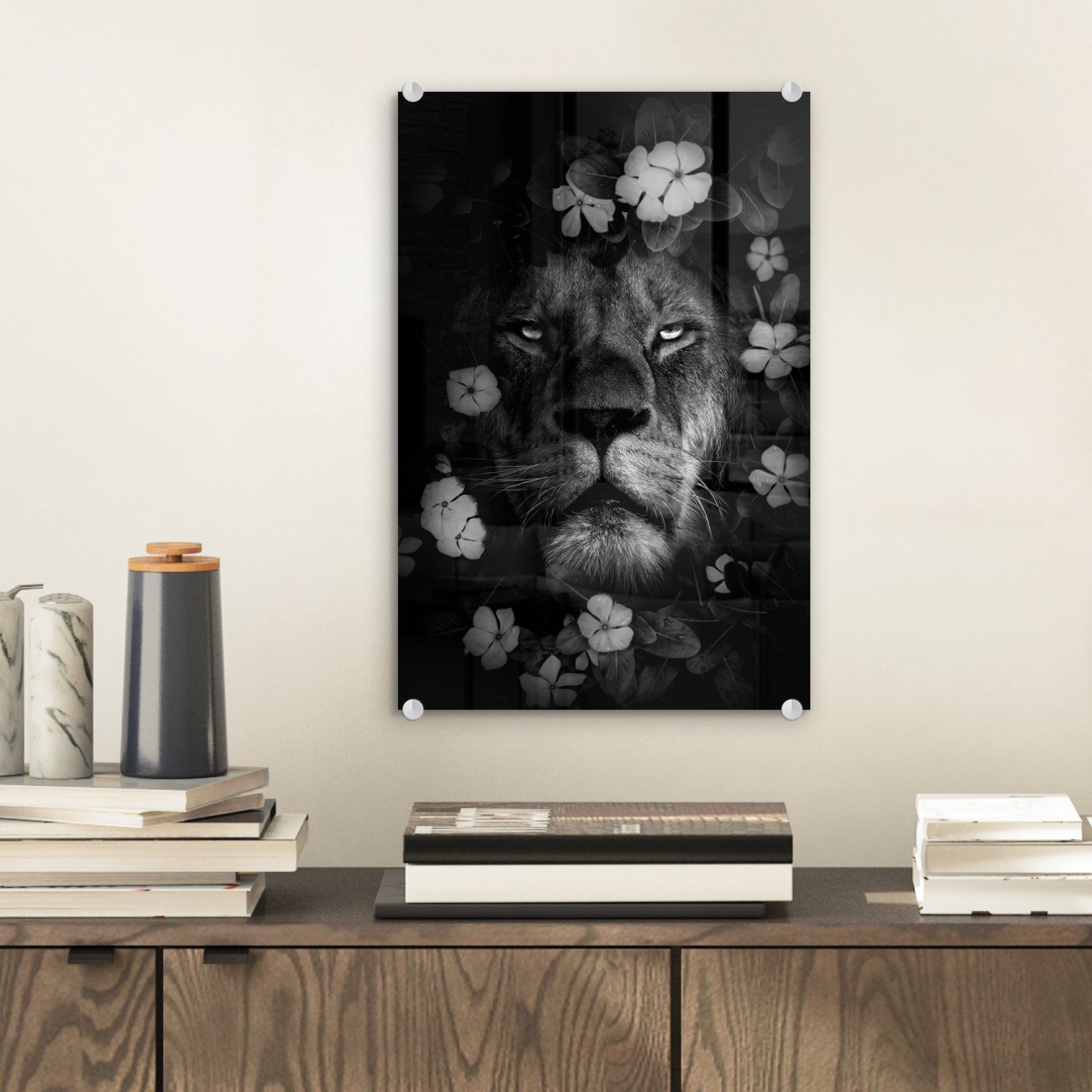 mit Dschungel bunt im Bilder auf Blumen - Wanddekoration weiß, (1 - Glas St), Glas - Glasbilder - MuchoWow Löwe Foto Wandbild und schwarz auf Acrylglasbild