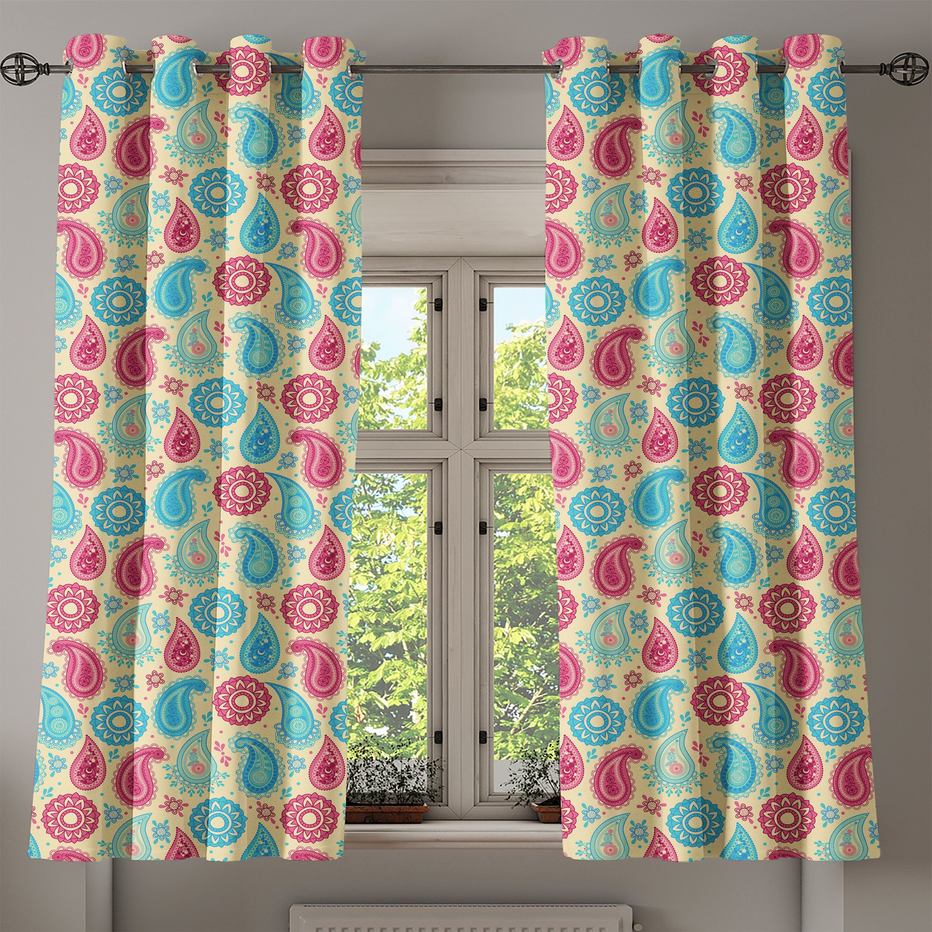 für Gardine Wohnzimmer, Abakuhaus, Blumen-Entwurf Dekorative Paisley 2-Panel-Fenstervorhänge Schlafzimmer