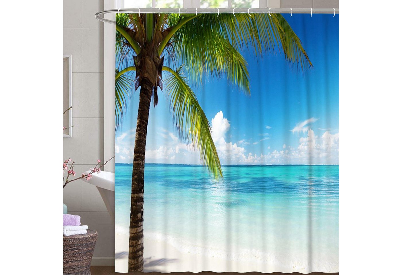 M&W DAS DESIGN Duschvorhang 180x200 Shower curtains Anti schimmel Waschbar Palm vor der Küste