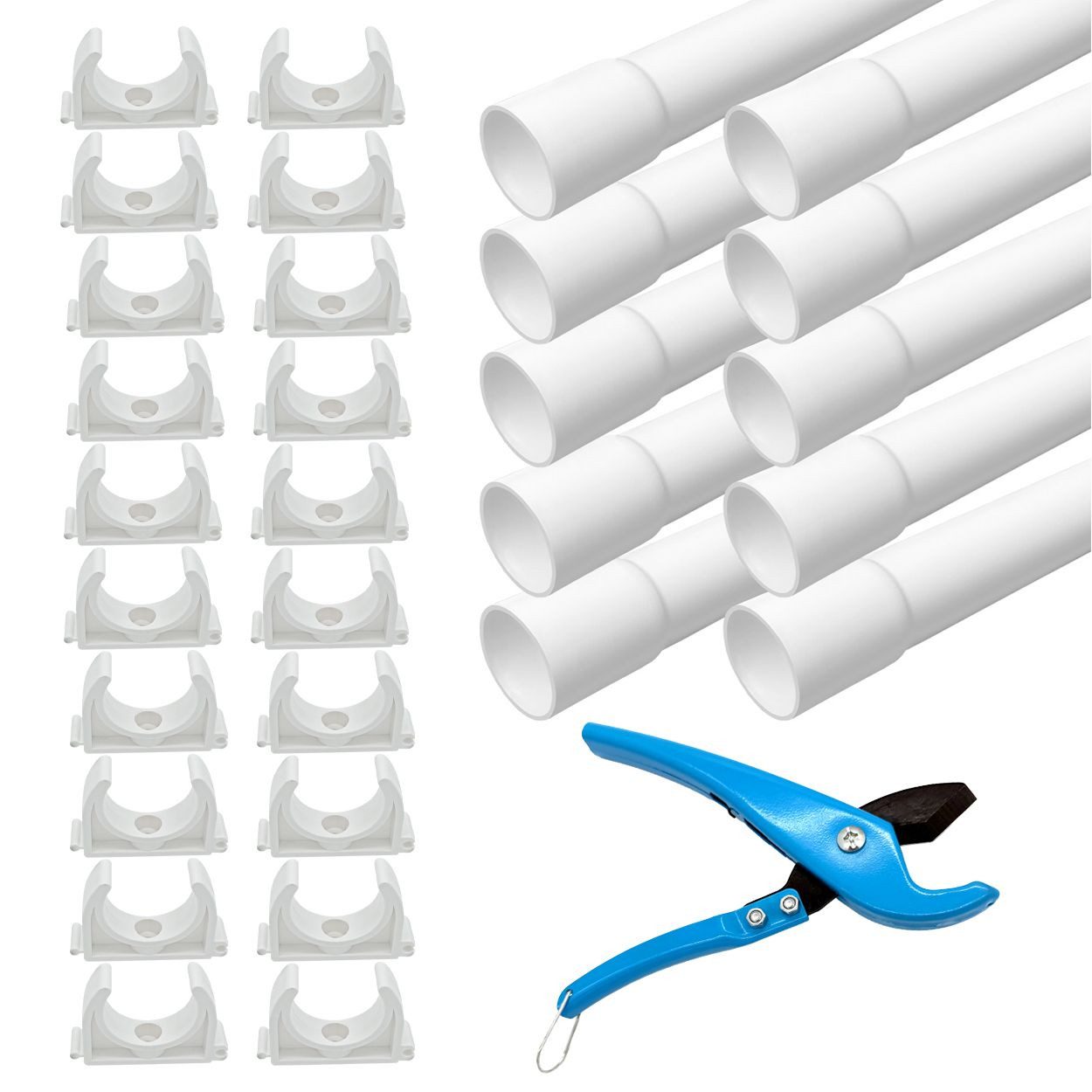 ARLI Leerrohr Installationsrohr M16 M20 M25 M32 PVC mit 40 50 25 20 Klemmschellen, (Set, 10-tlg), Elektrorohr, gemufft M32 – 10 Meter mit 20 Klemmschellen