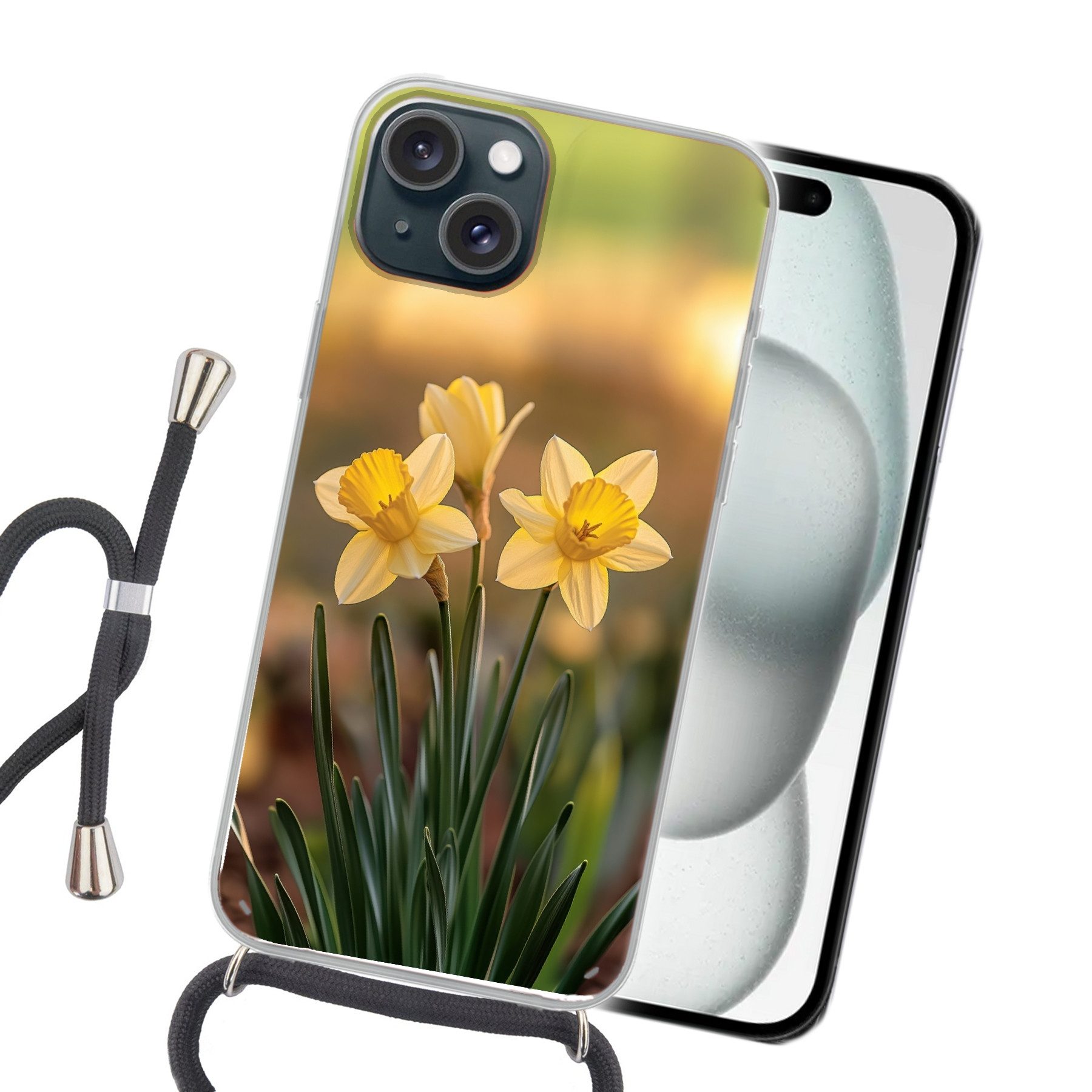 MuchoWow Handyhülle für Apple iPhone 15 Blumen - Gelb - Unscharf, Tragbare Handyhüllen mit Kette zum umhängen, Handykette Handyband