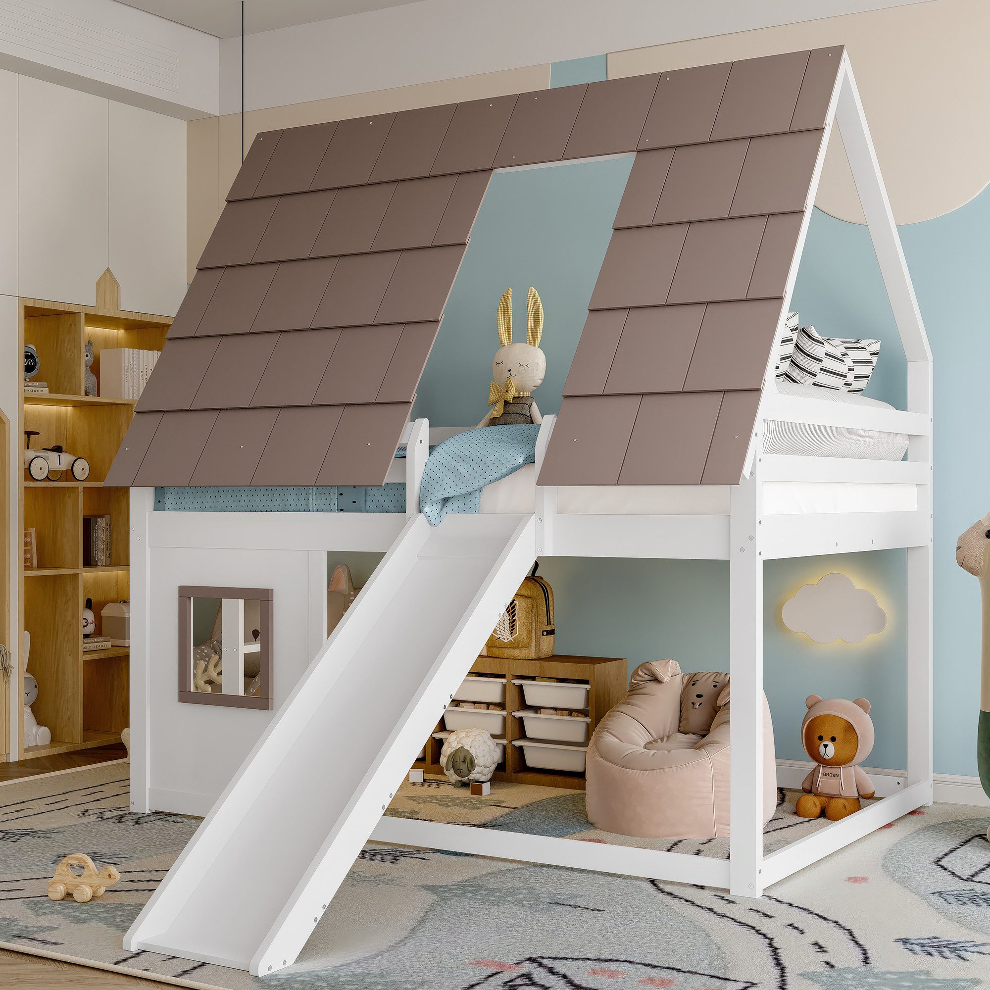 Merax Hochbett (210 x 264 x 193 cm, 1-St., Hausbett Kinderhaus Holzhaus) Etagenbett 140x200cm mit Dach, Leiter & Rutsche, Massivholz Kinderbett – Bild 3 von 5