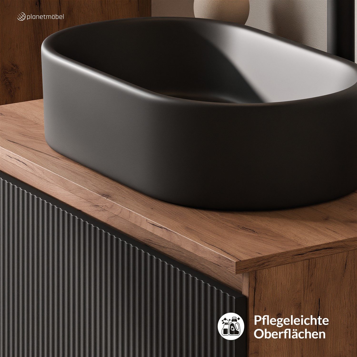 Planetmöbel Waschtisch-Set Arisa 2 teilig, Waschtisch mit Unterschrank 80 cm, Waschbecken 55 cm, (Waschtischunterschrank hängend für Gäste WC & Bad, schwarz geriffelt, 2-St., Badmöbel Set mit Waschbecken 55 cm schwarz), Schublade mit Soft-Close Funktion
