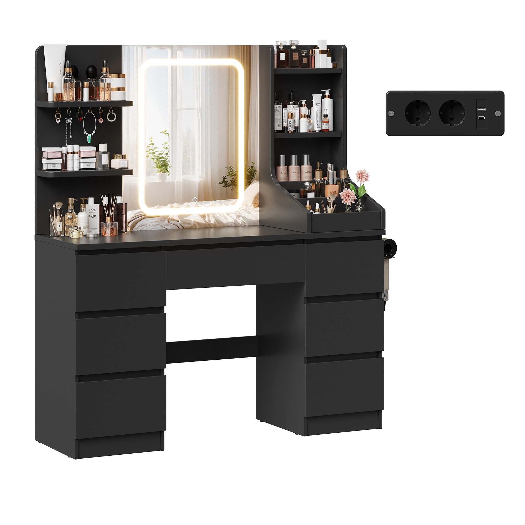 HOMALL Schminktisch Spiegel mit LED-Beleuchtung, 7 Schubladen (Maße: 110 × 40 × 139 cm, drei einstellbare Farbtemperaturen, mit 8 offenen Ablagefächern, 6 Schmuckhaken, 2 Steckdosen, 1 USB-Anschluss, 1 Typ-C-Anschluss und einer Haartrocknerhalterung)