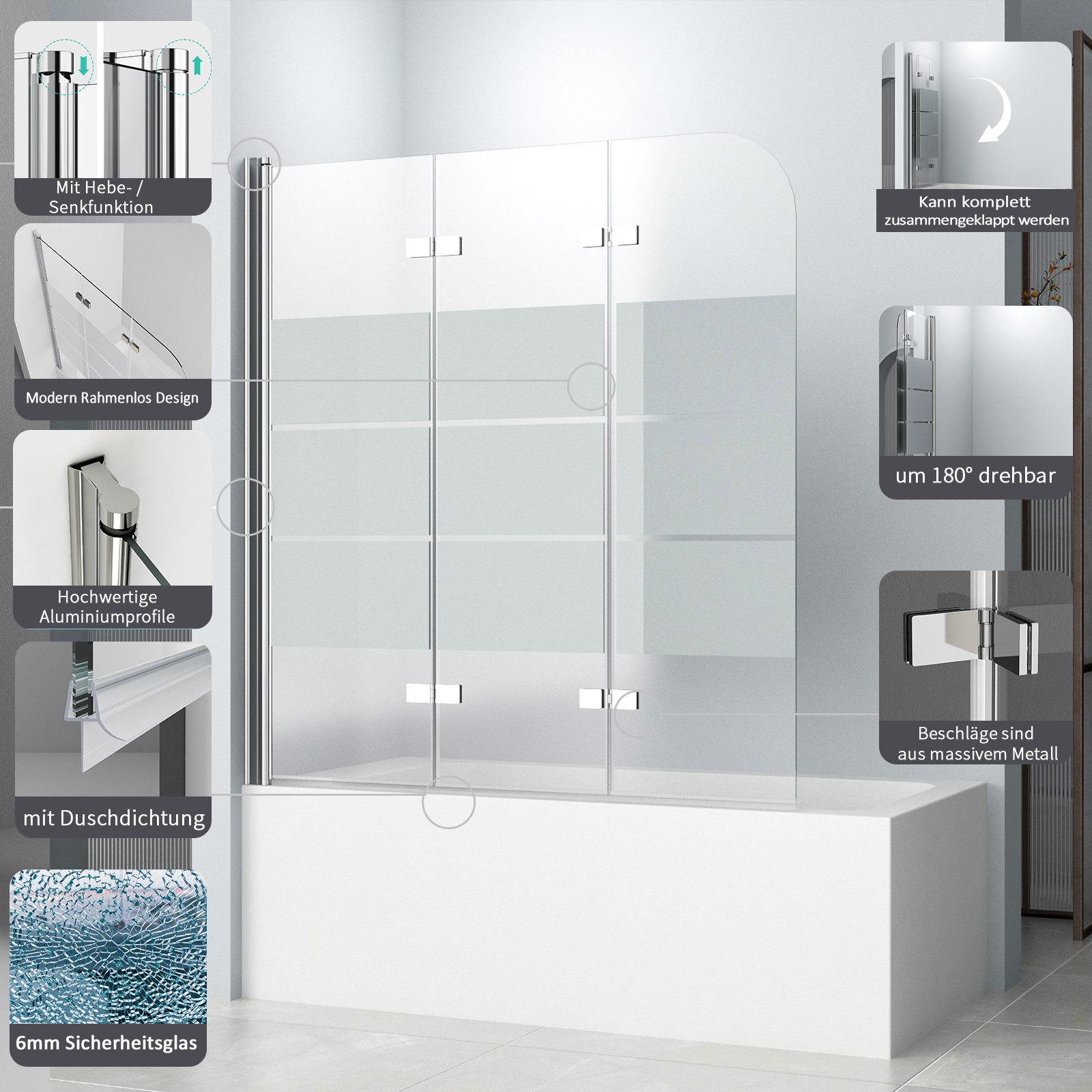 Hopibath Duschwand für Badewanne milchglas 130 x 140, 6mm Sicherheitsglas, (Badewannenfaltwand 3 teilig faltbar, 180° Faltwand), mit Aluprofi, Duschdichtungen