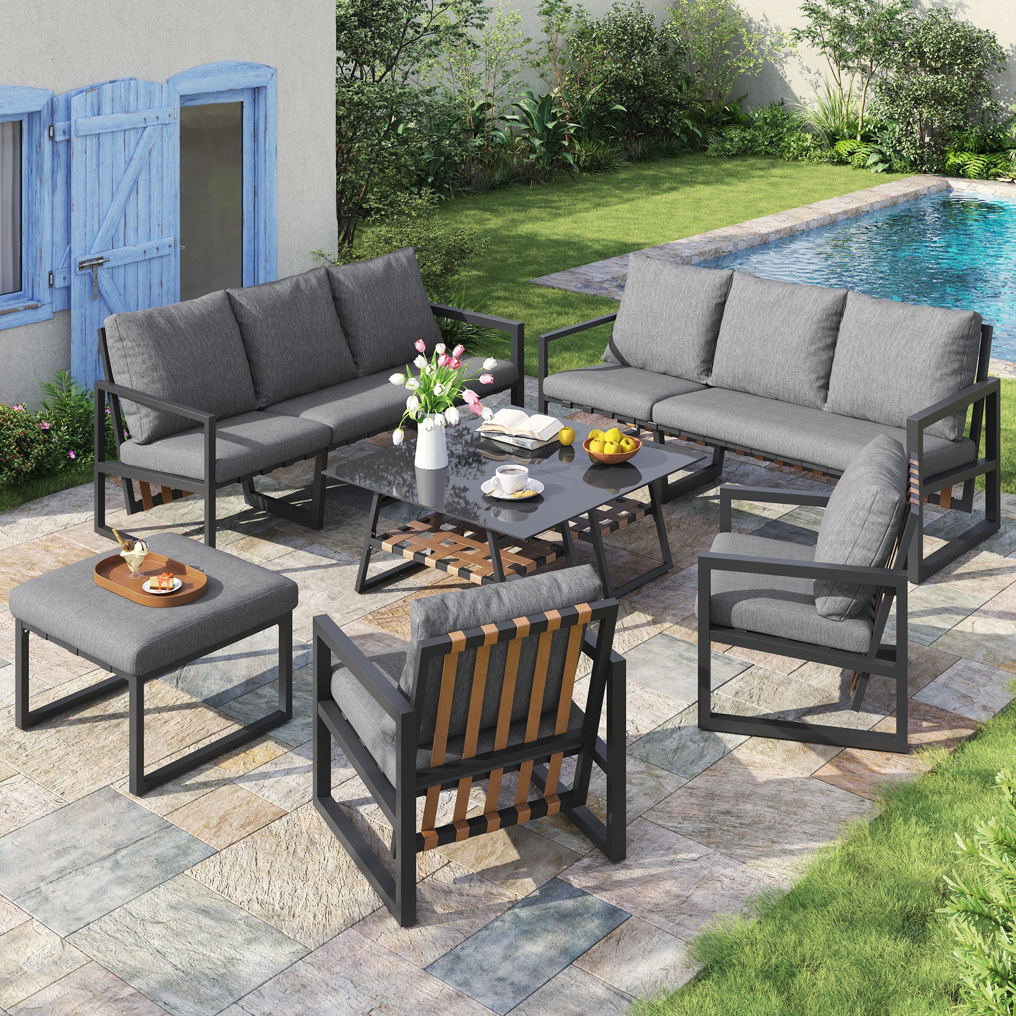 Ulife Gartenlounge-Set Gartenmöbel-Set, gewebte PU-Seil-Rückenlehne, Glasti günstig online kaufen