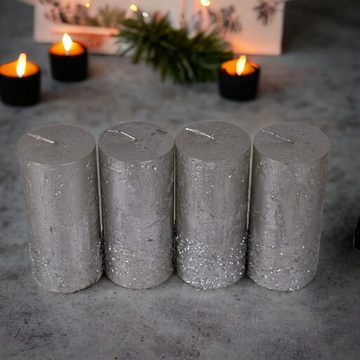 DekoTown Adventskerze Kerzen CALLA Titan Silber mit Glitter für Hochzeit Advent 13cm, 4 St.
