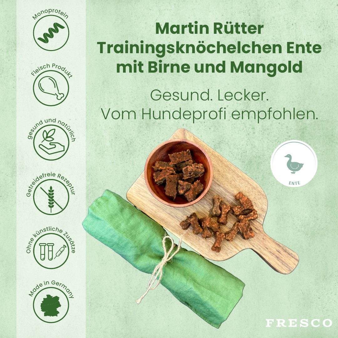 Fresco Dog Martin Rütter Trainingsknöchelchen 1kg Hunde Leckerli, Ente mit Birne & Mangold, Snack für: Hunde, Getreidefrei, zuckerfrei & hoher Fleischanteil